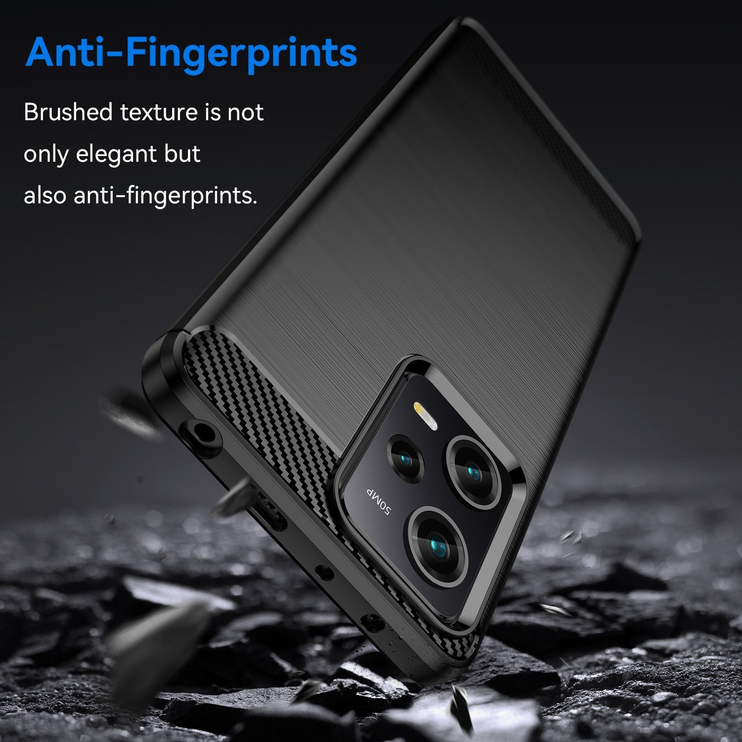 Funda negra con cámara, inclinada con escombros. Texto: Anti-huellas dactilares. La textura cepillada es anti-huellas.