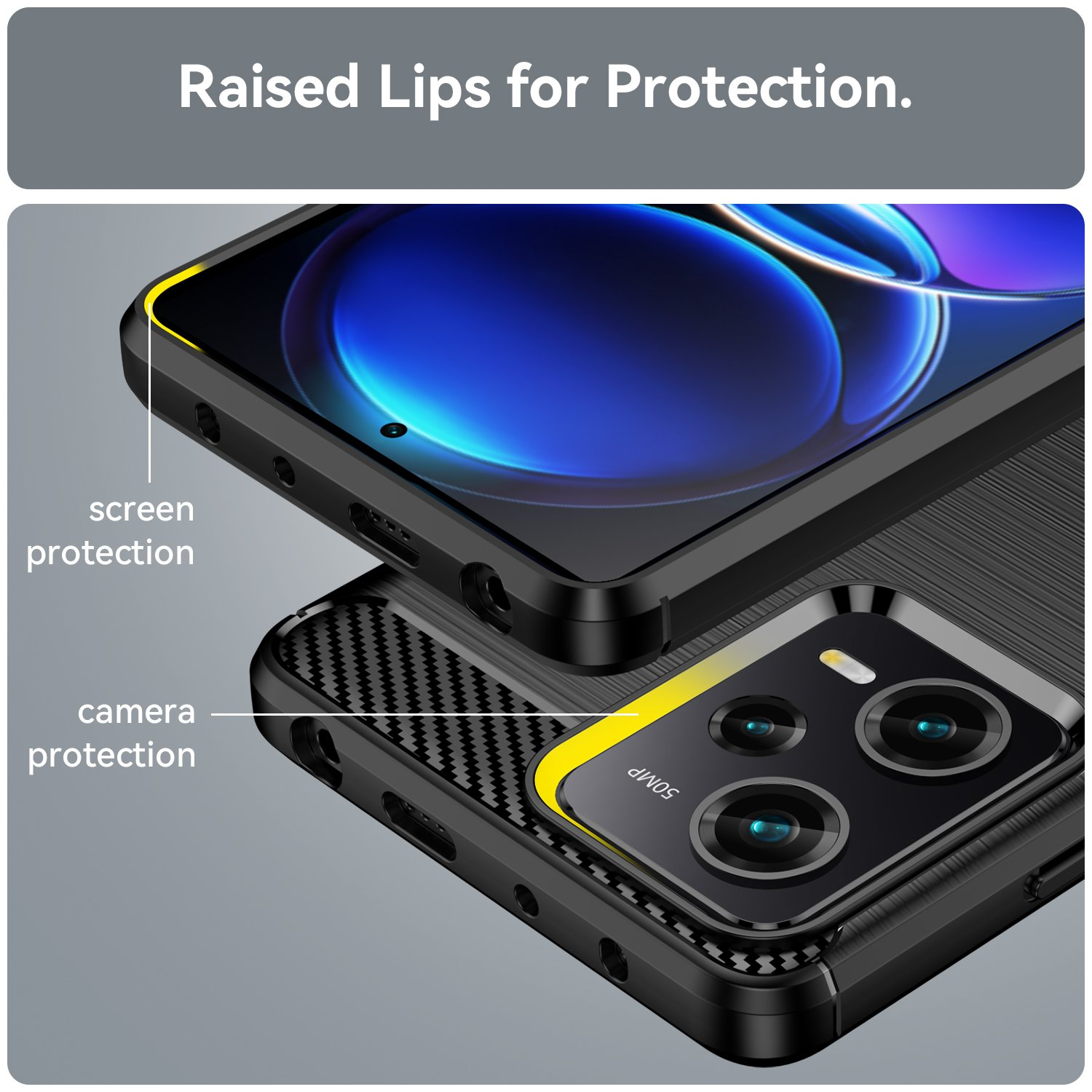 Primer plano de una funda protegiendo un teléfono. La funda es negra con acentos amarillos.