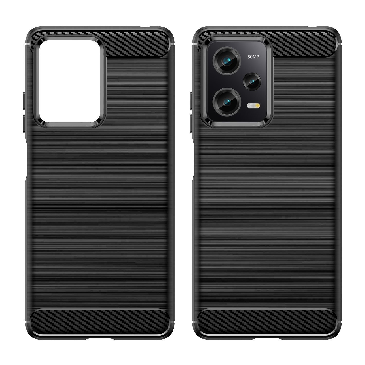 Dos fundas negras para teléfono, vista frontal y trasera. Las fundas tienen textura cepillada.