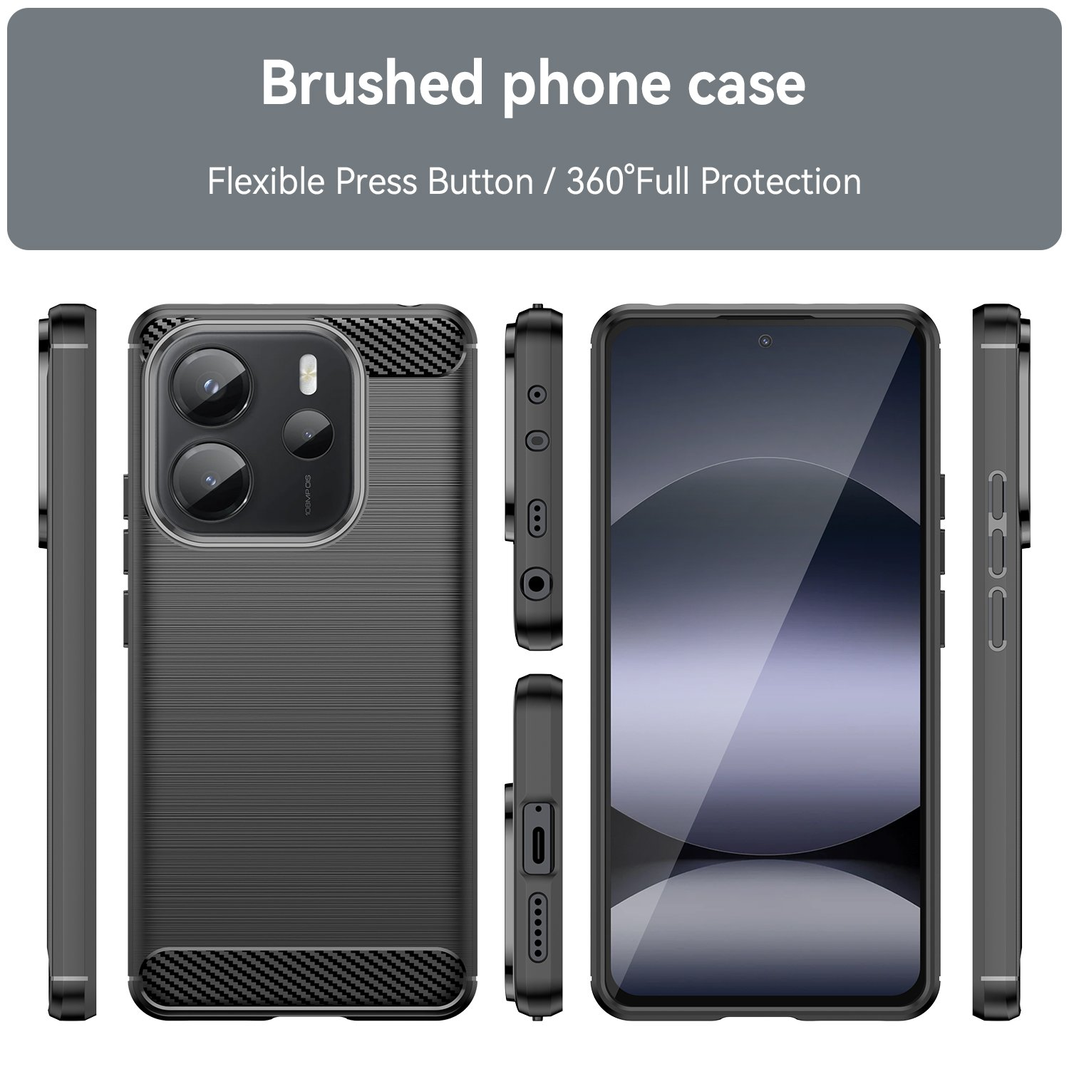 Vistas de una funda de teléfono negra con detalles de fibra de carbono, mostrando diferentes ángulos.
