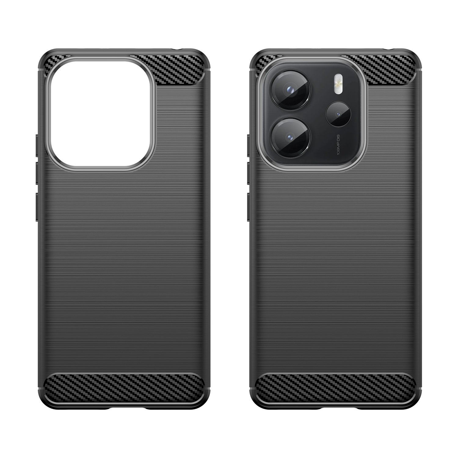 Funda negra para teléfono, dos partes. Acentos de fibra de carbono arriba y abajo.