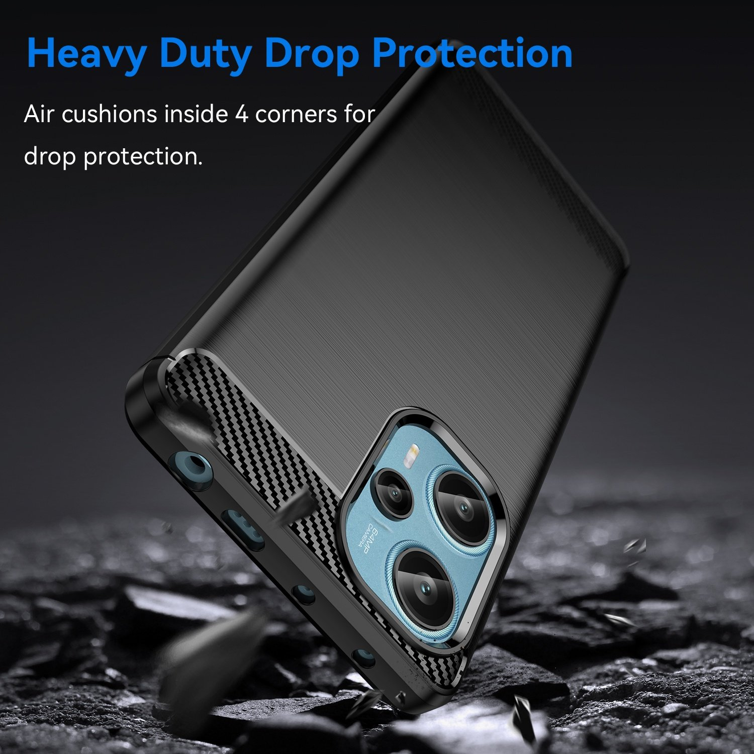 Una funda de teléfono negra está en ángulo, mostrando la cámara y la parte trasera texturizada. Texto: Heavy Duty Drop Protection.