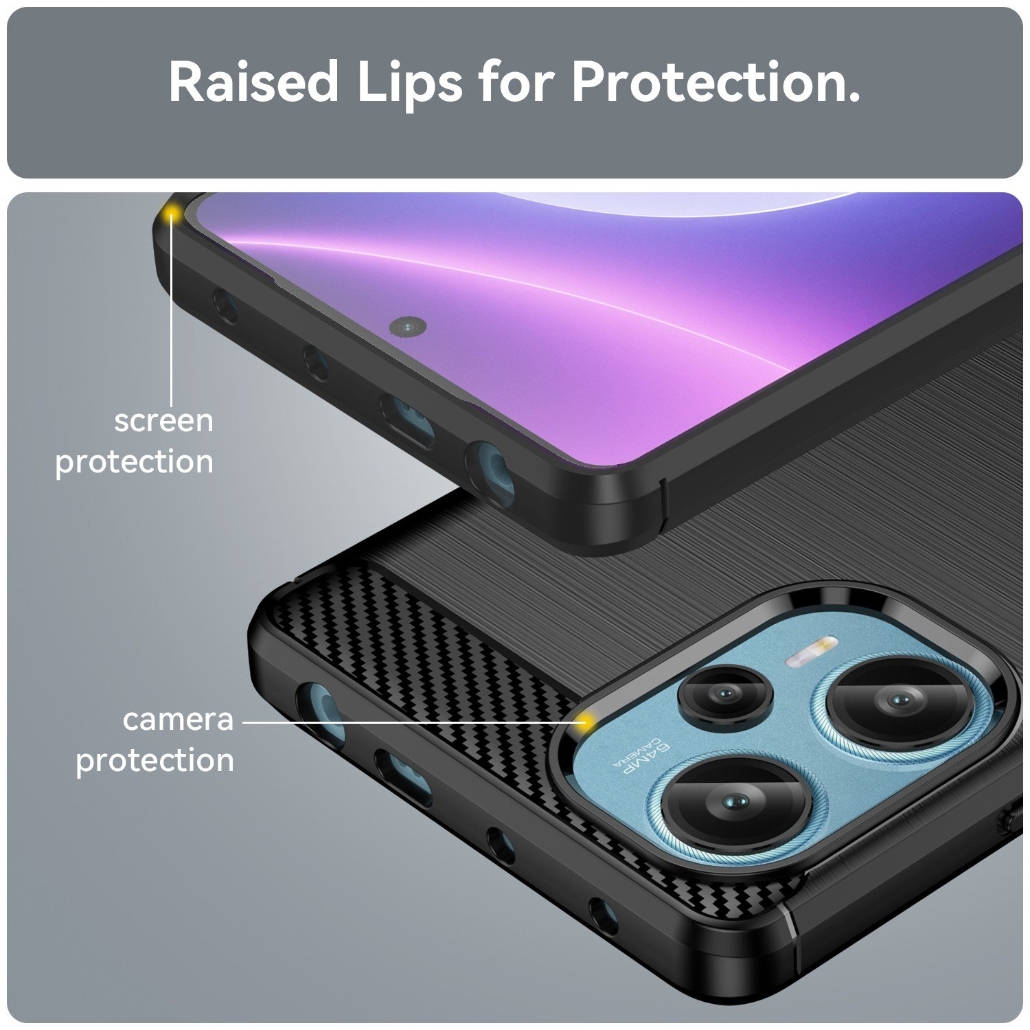 Primer plano de un teléfono en una funda negra. Texto: Bordes elevados para protección. Etiquetas para protección de pantalla y cámara.