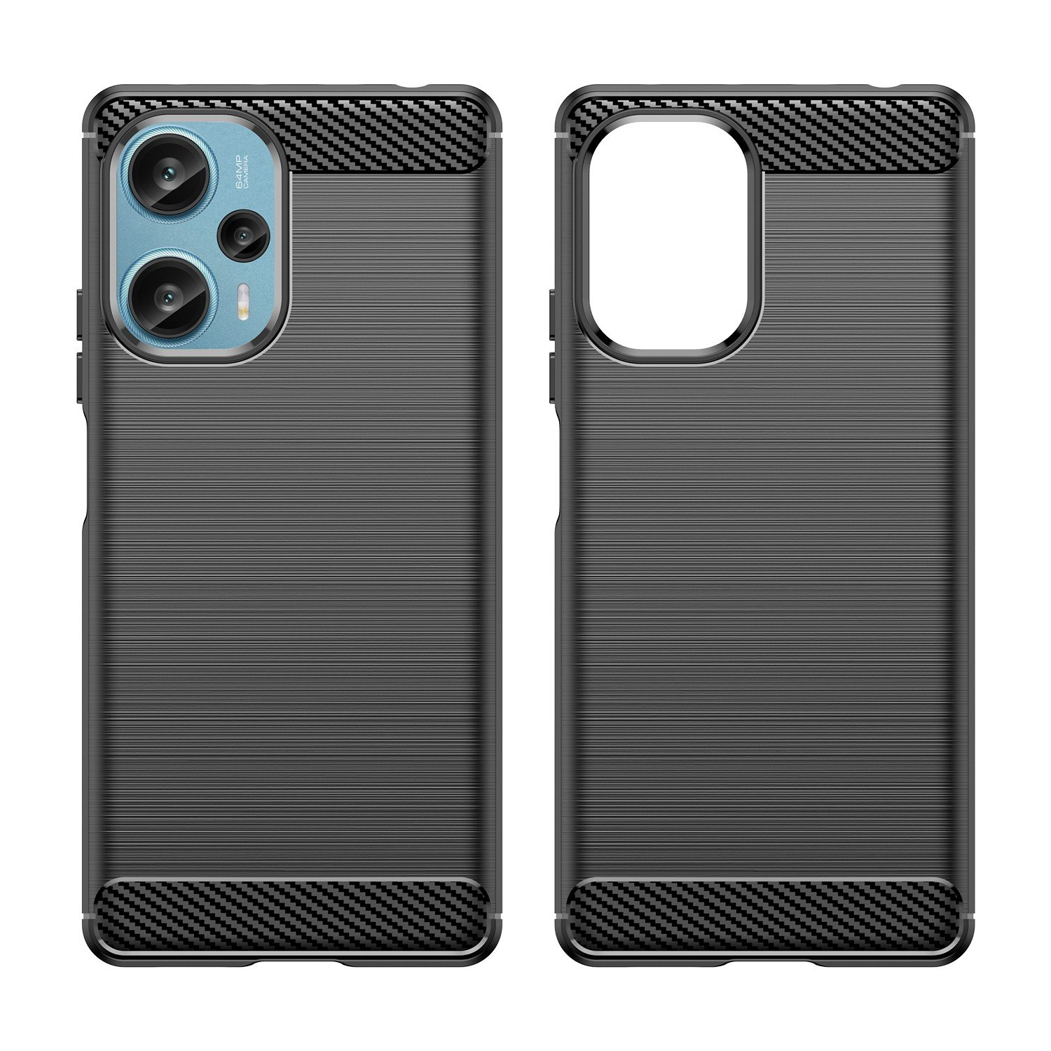 Dos fundas de teléfono negras con detalles de fibra de carbono. Una tiene un recorte para la cámara, la otra es una abertura en blanco.