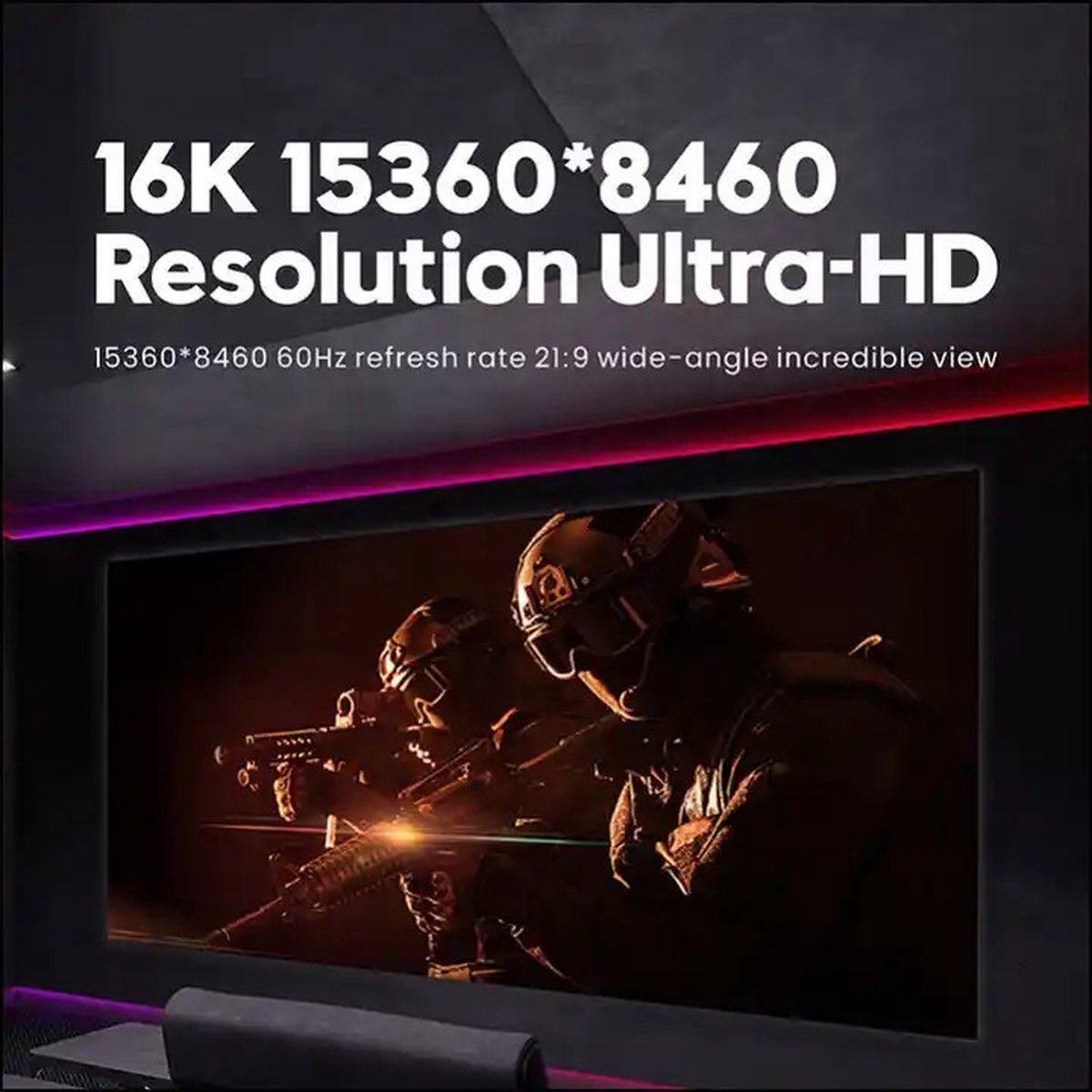 16K Ultra-HD resolutie display met soldaten in actie.