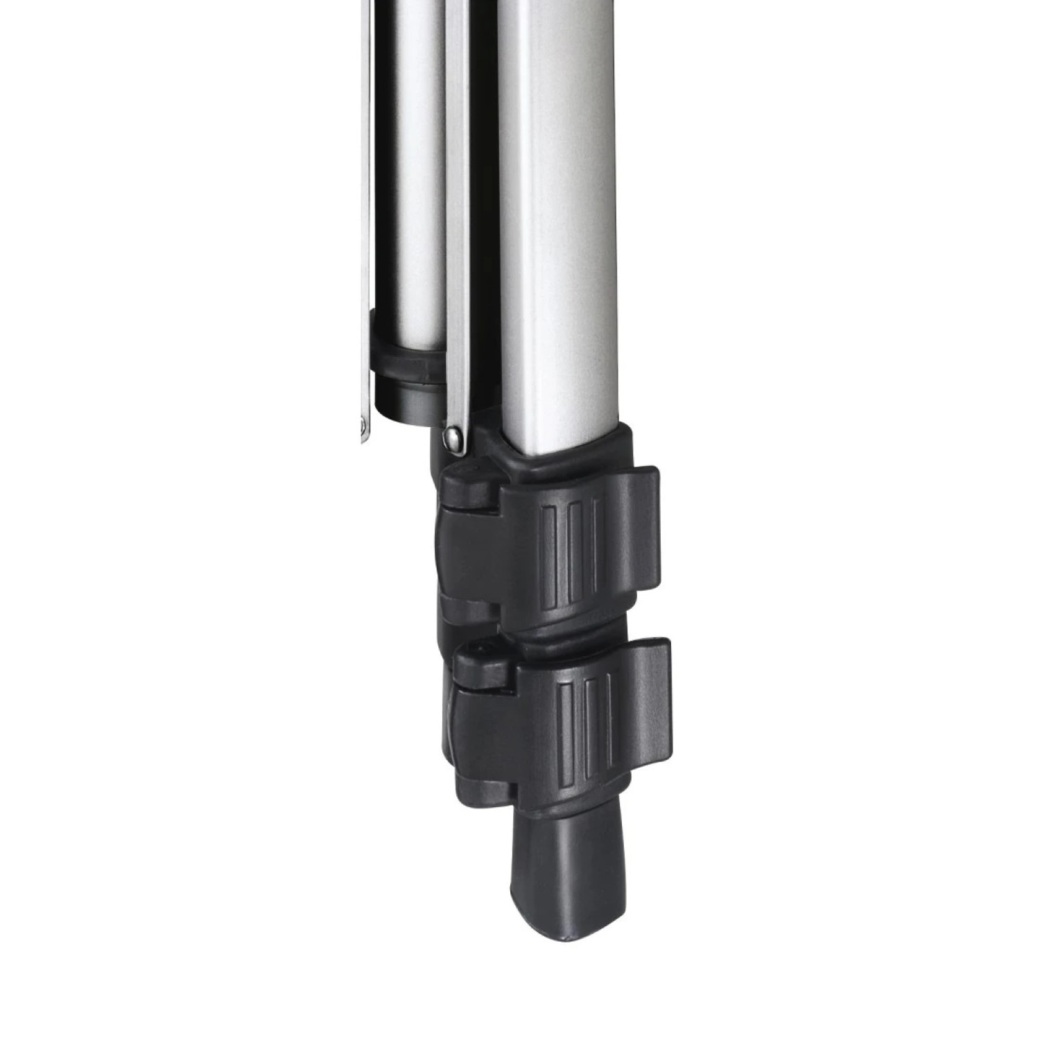 Dolna część srebrnego statywu z czarnymi blokadami, na białym tle.