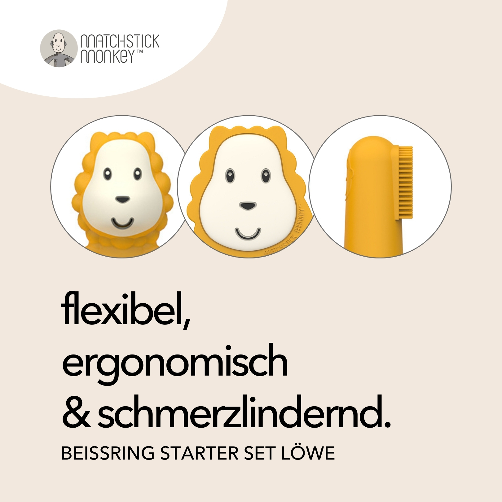 Bilder von Löwen-Beißring-Details. Text: flexibel, ergonomisch & schmerzlindernd. Beißring Starter-Set.