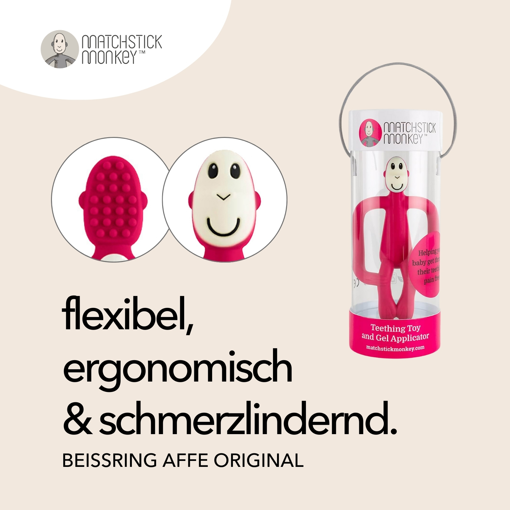 Rosa Beißring mit Affen-Design in einer durchsichtigen Röhre, mit anderen Beißring-Optionen.