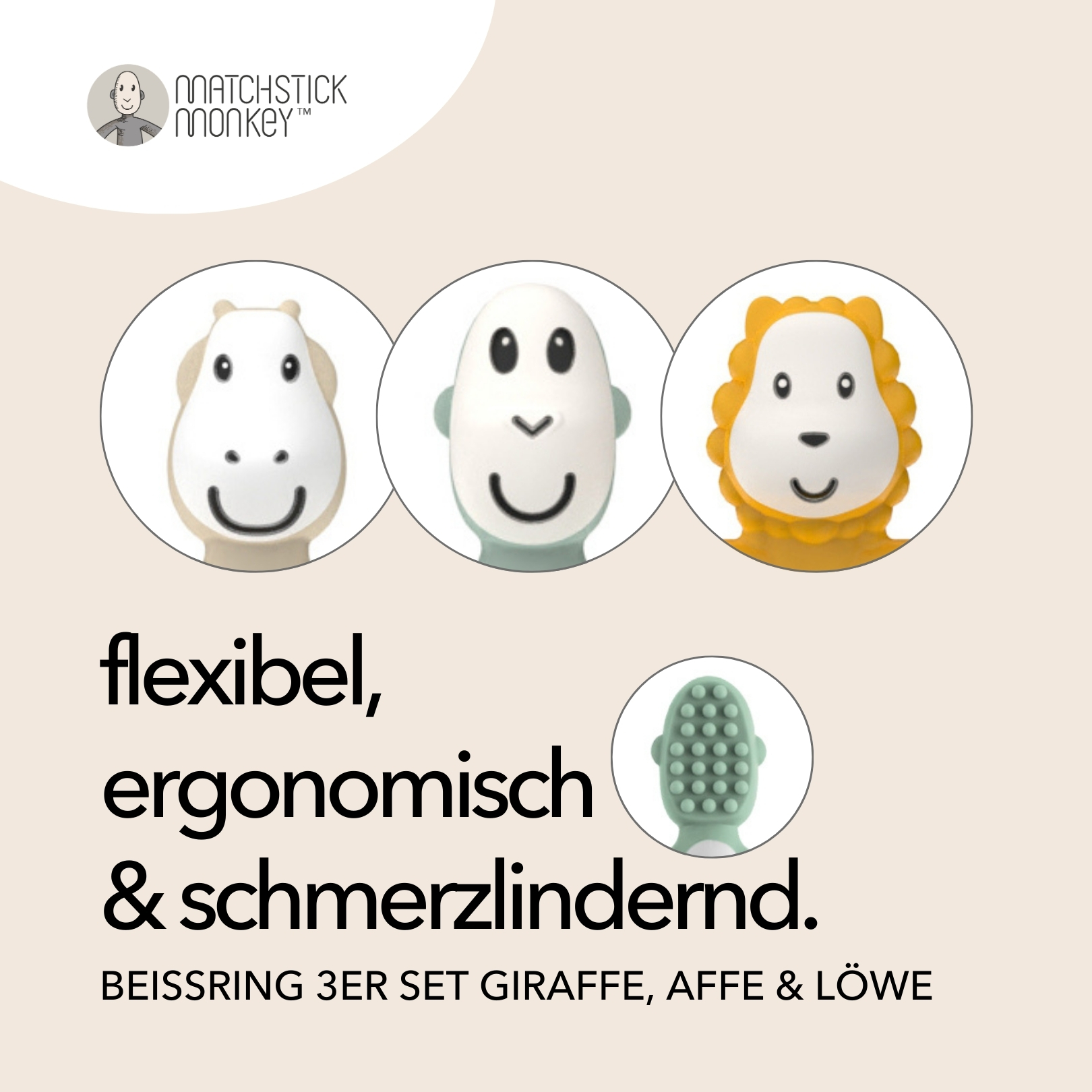 Bilder zeigen drei Beißring-Typen. Text: flexibel, ergonomisch & schmerzlindernd. 3-teiliges Beißring-Set.
