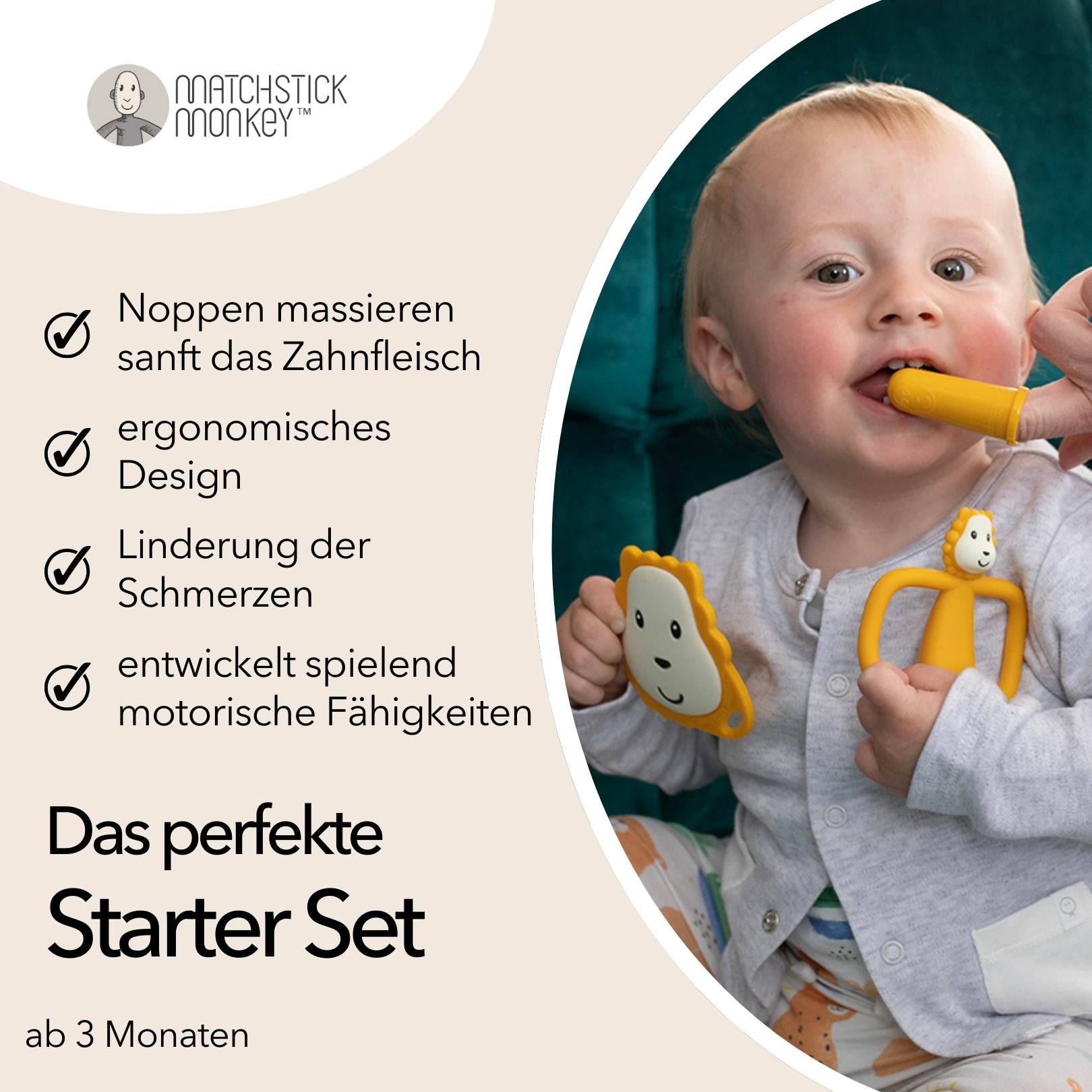 Baby mit gelbem Beißring und Fingerzahnbürste, mit Text über Vorteile und Alter.