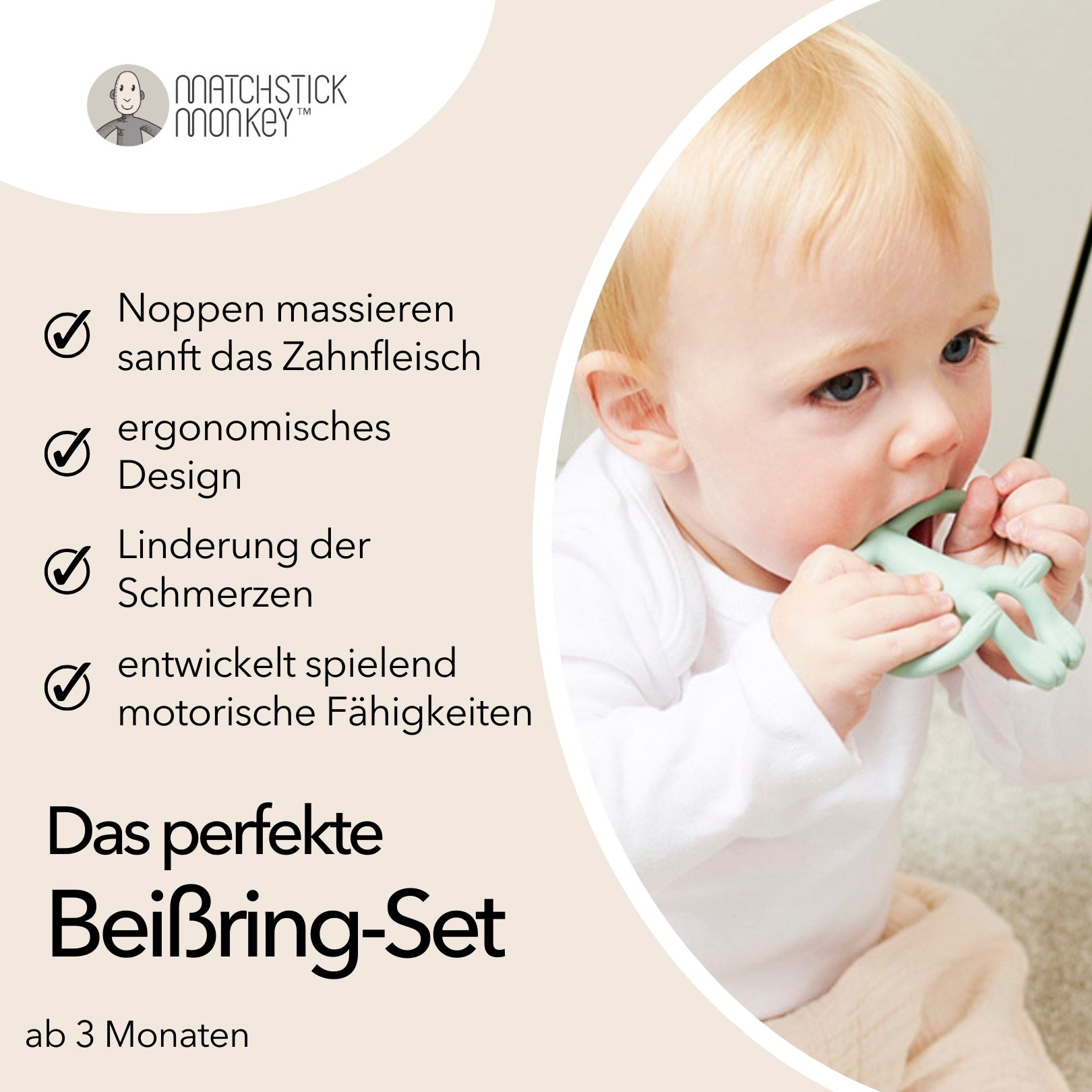 Baby spielt mit einem grünen Beißring, mit Text, der Vorteile und Altersangemessenheit hervorhebt.