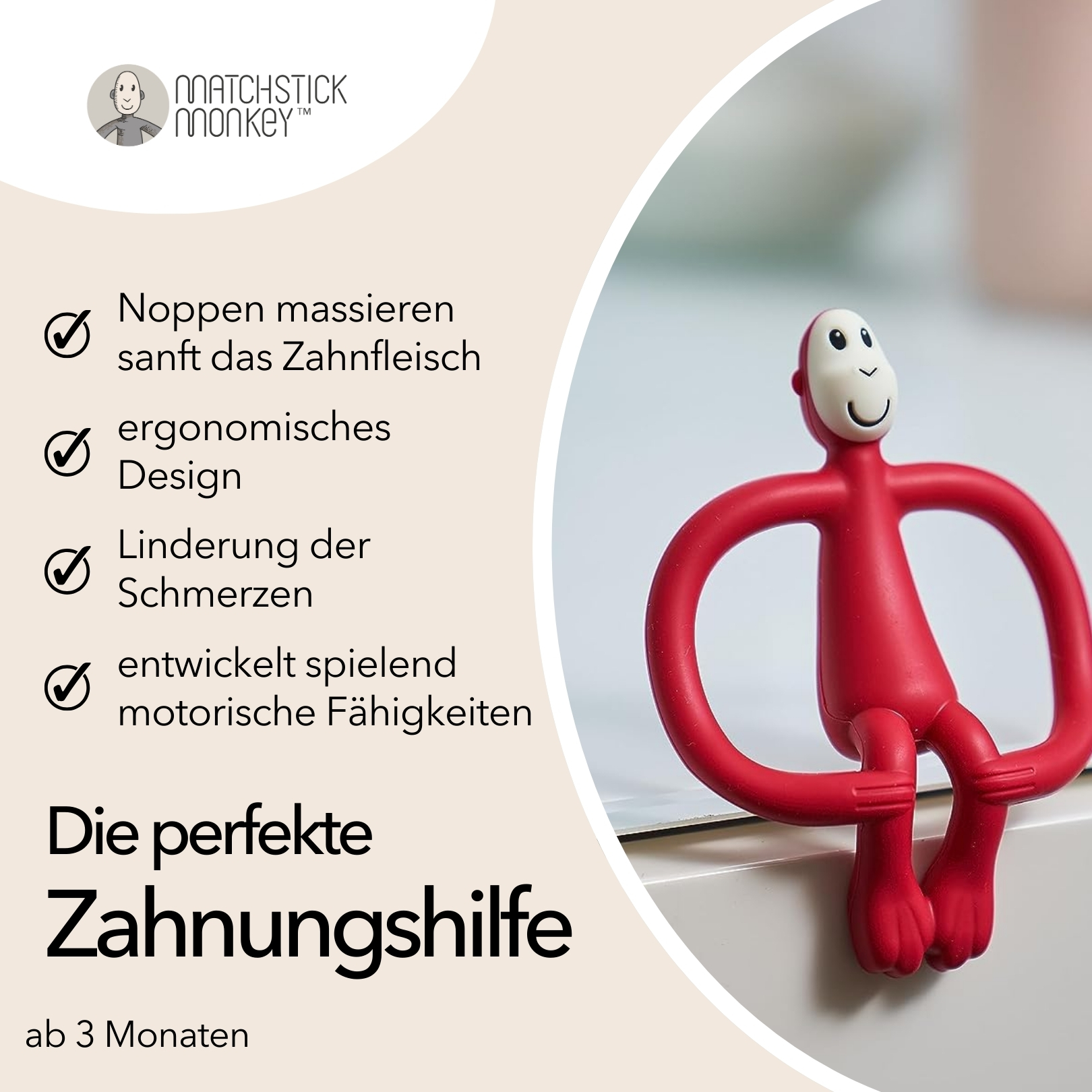 Roter Affen-Beißring. Text listet Vorteile: Zahnfleischmassage, ergonomisches Design, Schmerzlinderung.