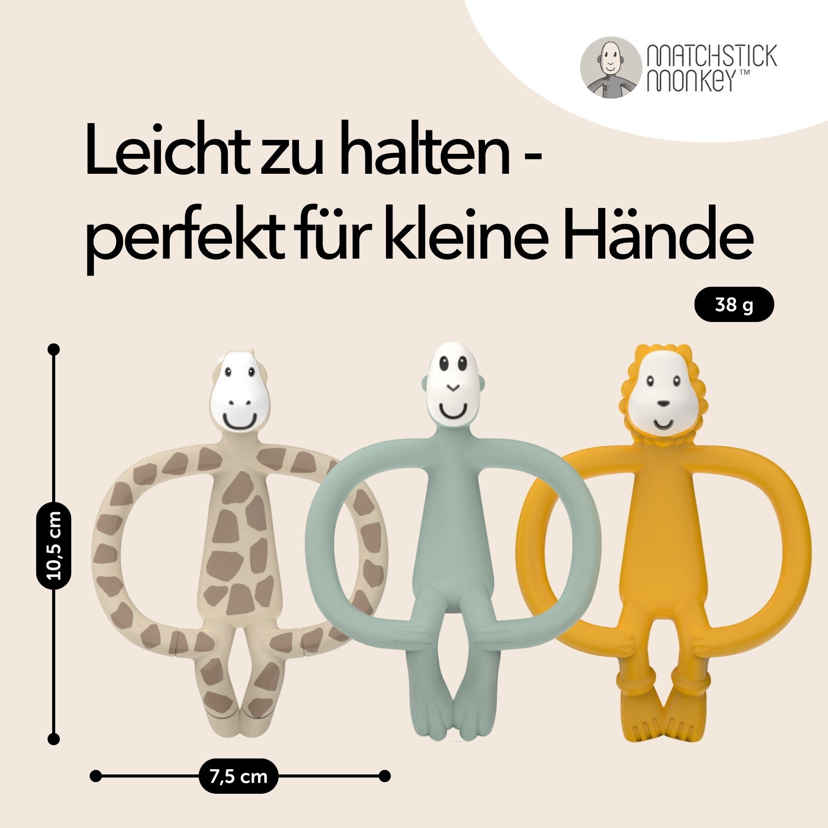 Beißringe mit Maßen & Gewicht. Text: Leicht zu halten, perfekt für kleine Hände. Enthält drei Beißringe.