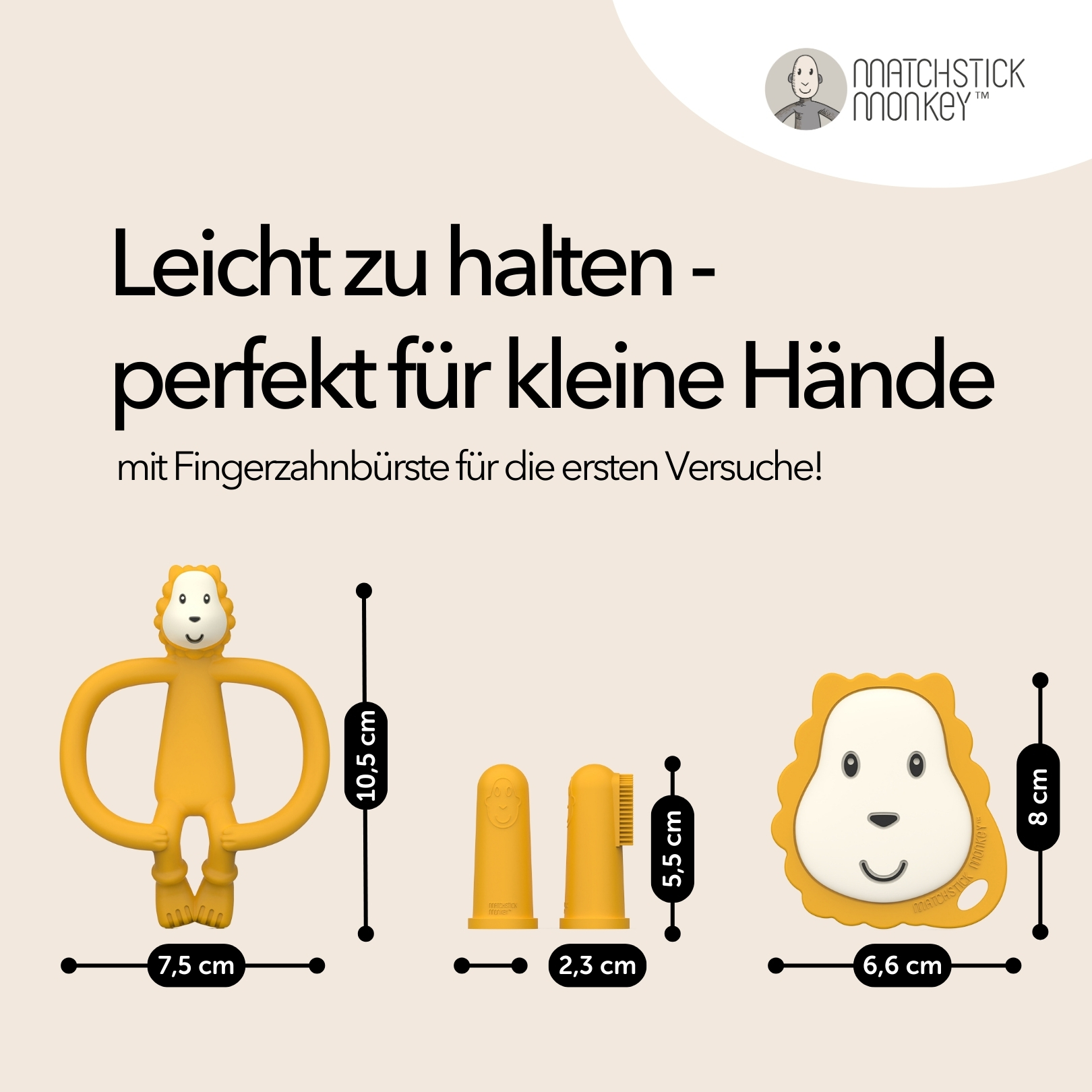 Beißringe mit Maßen. Text: Leicht zu halten, perfekt für kleine Hände. Inkl. Fingerzahnbürste.