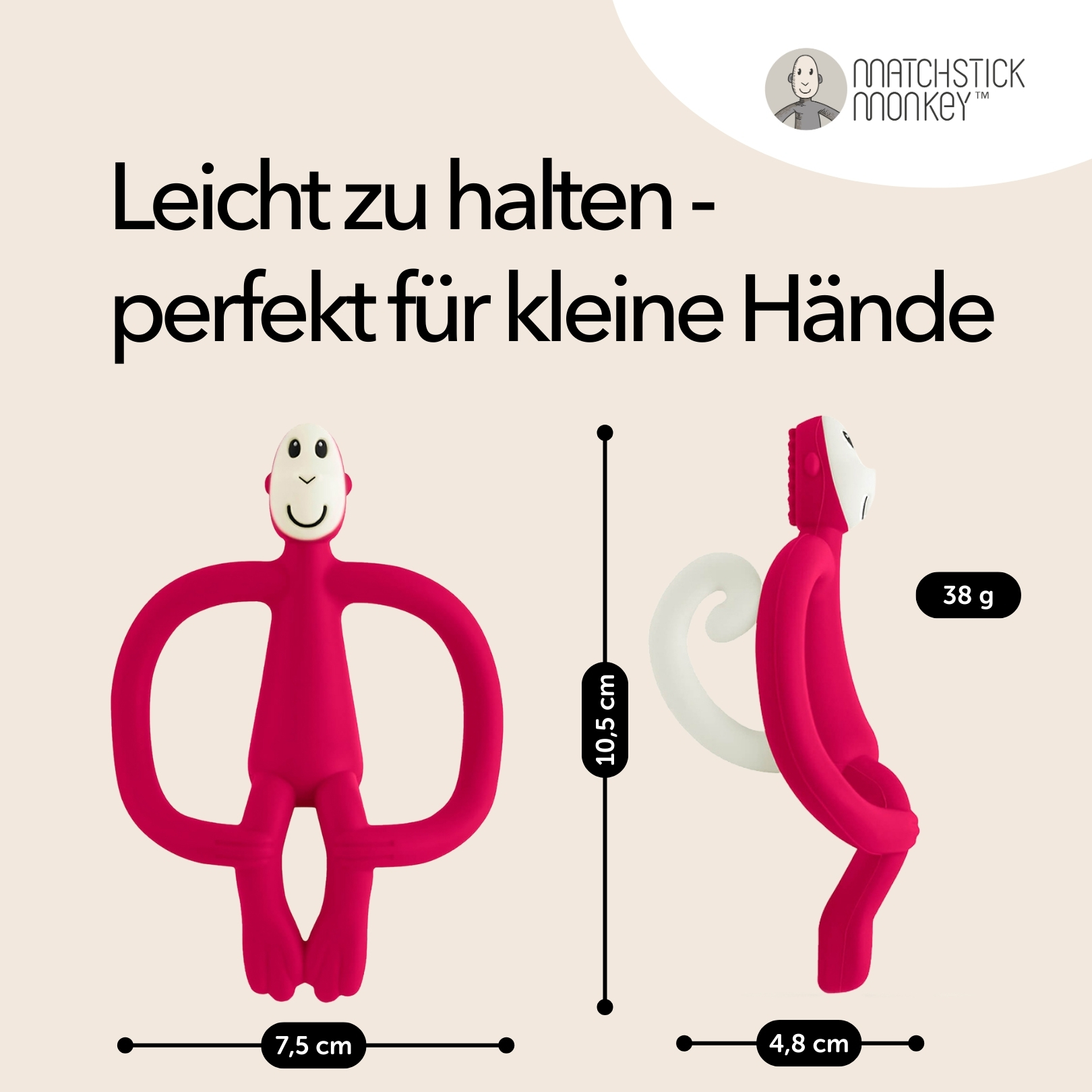 Rosa Affen-Beißring, zeigt Abmessungen, mit Text über Halten und kleine Hände.