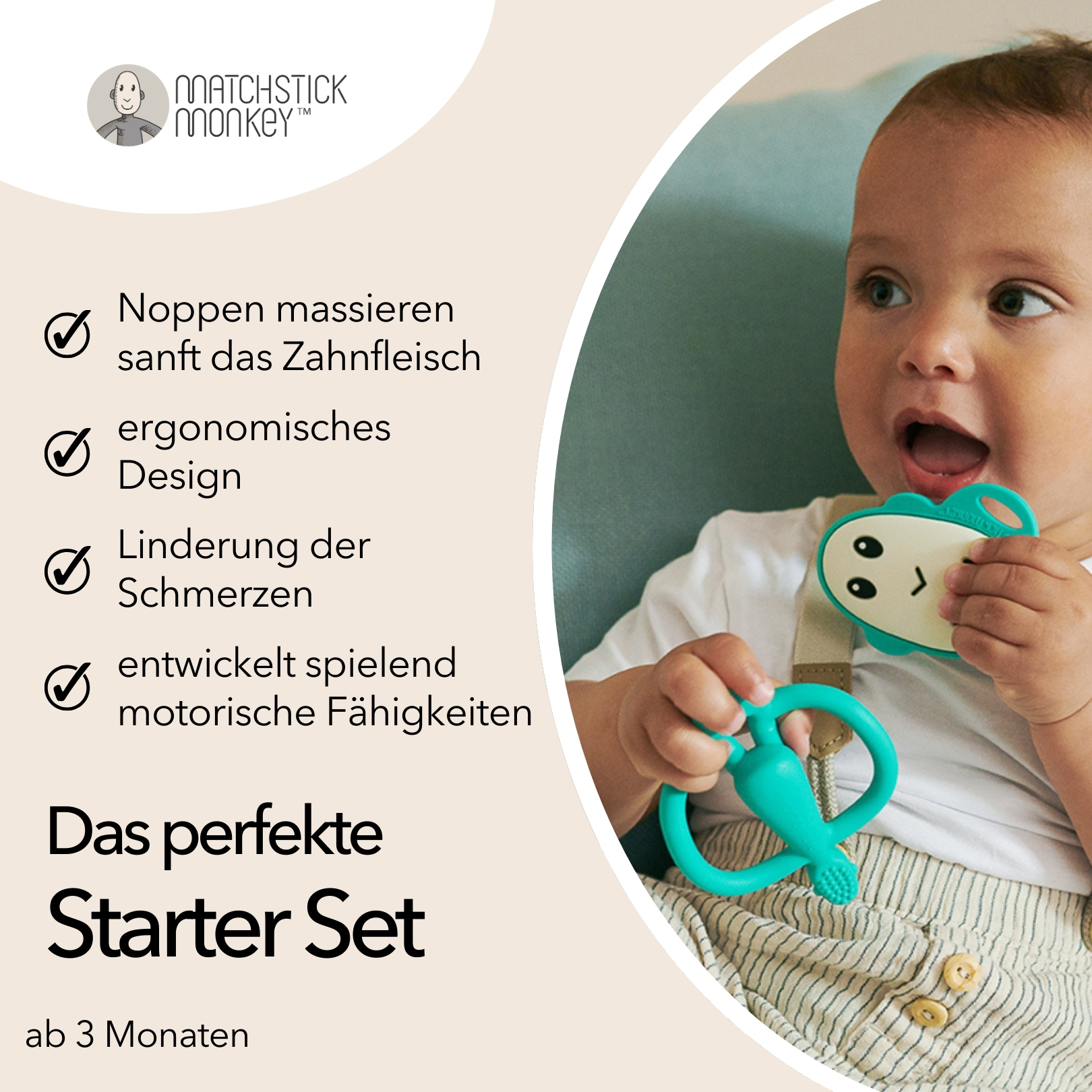 Baby spielt mit einem grünen Beißring, mit Text, der Vorteile und Altersangemessenheit hervorhebt.