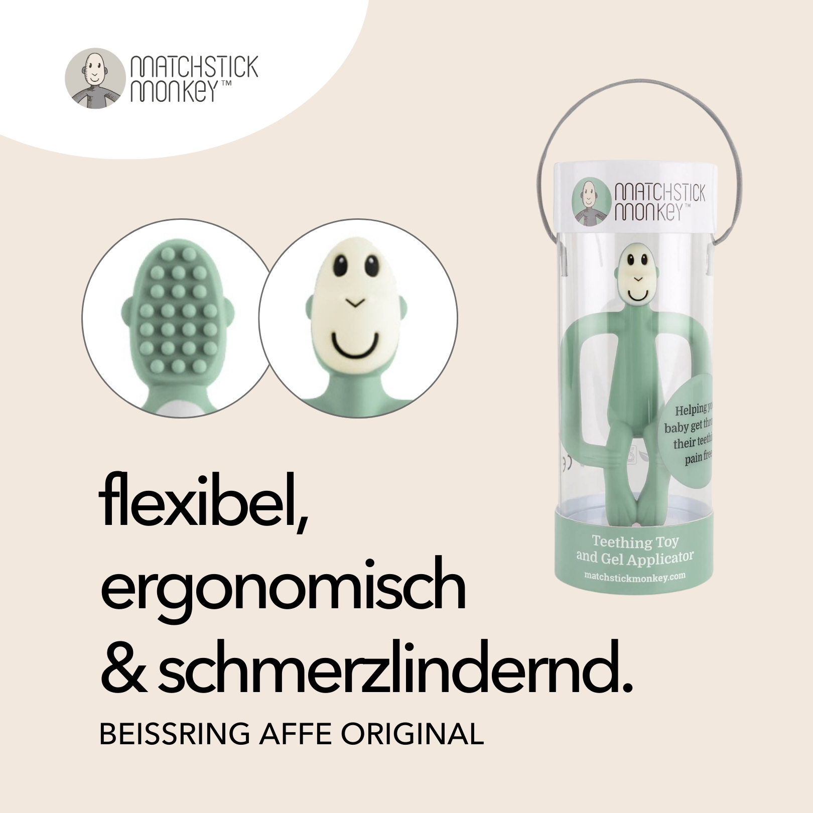 Grüner Affen-Beißring und Verpackung. Text: flexibel, ergonomisch & schmerzlindernd.