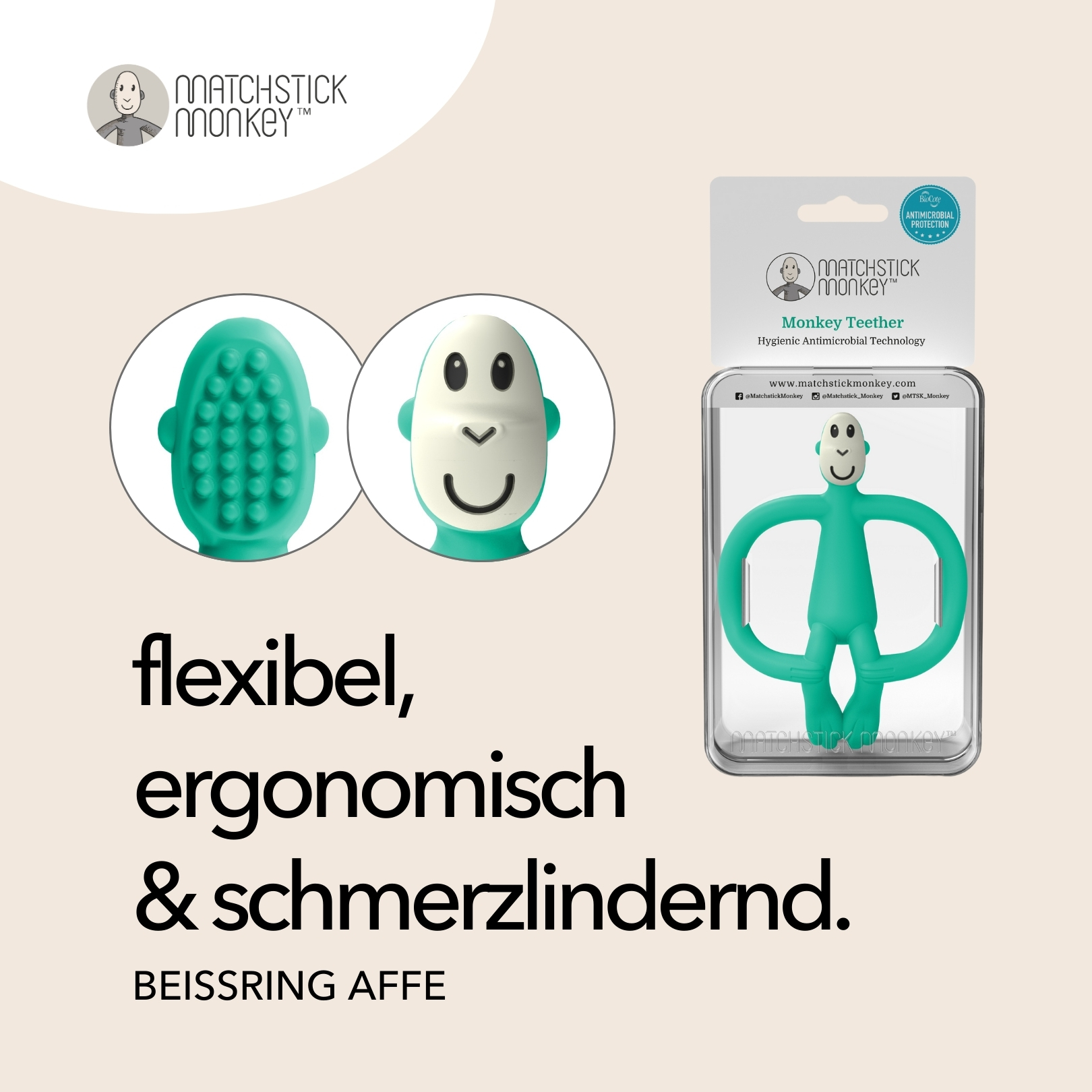 Beißring in Verpackung. Text: flexibel, ergonomisch & schmerzlindernd. Bild zeigt Details des Beißrings.