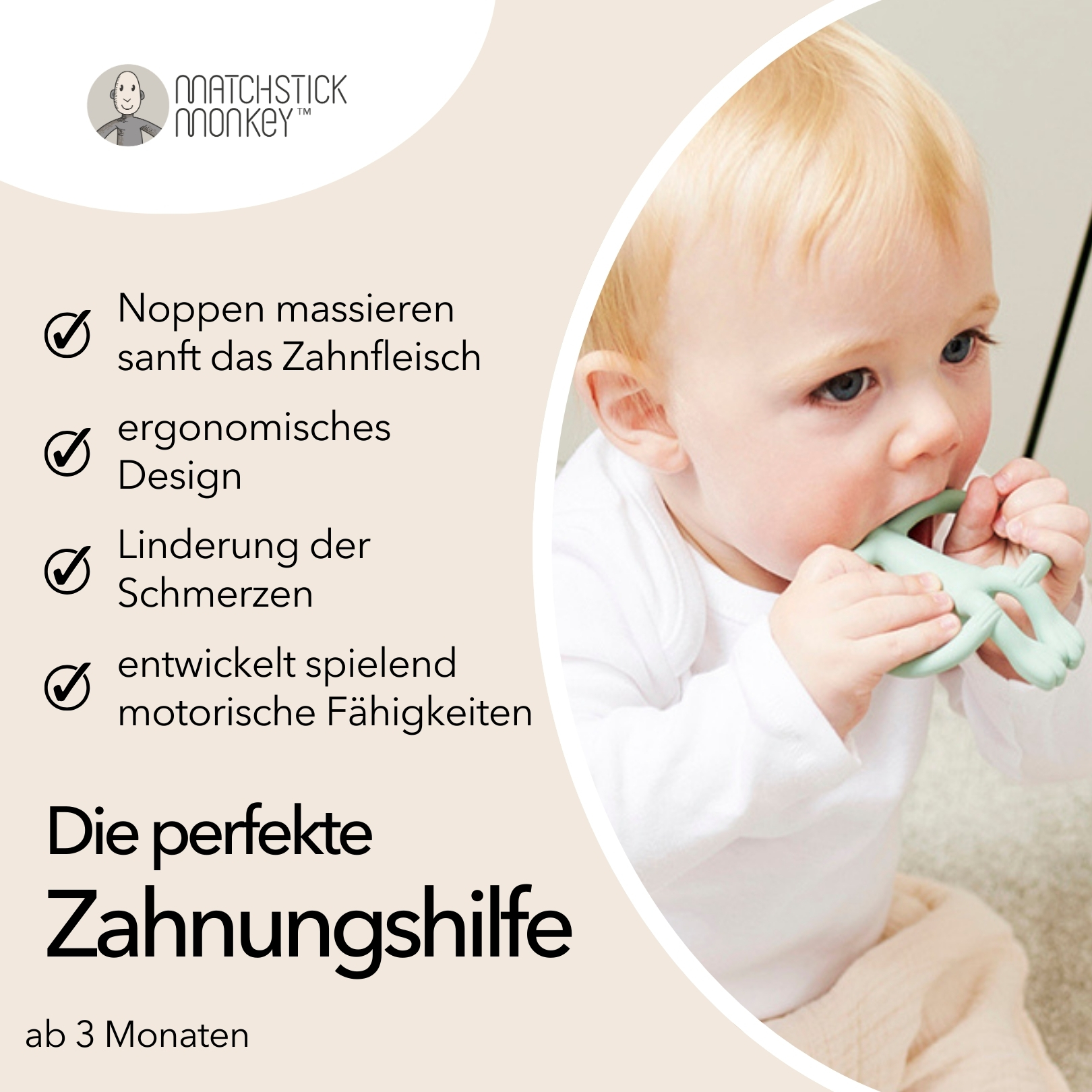 Baby beißt auf grünen Beißring. Text listet Vorteile: Zahnfleischmassage, ergonomisches Design, Schmerzlinderung.