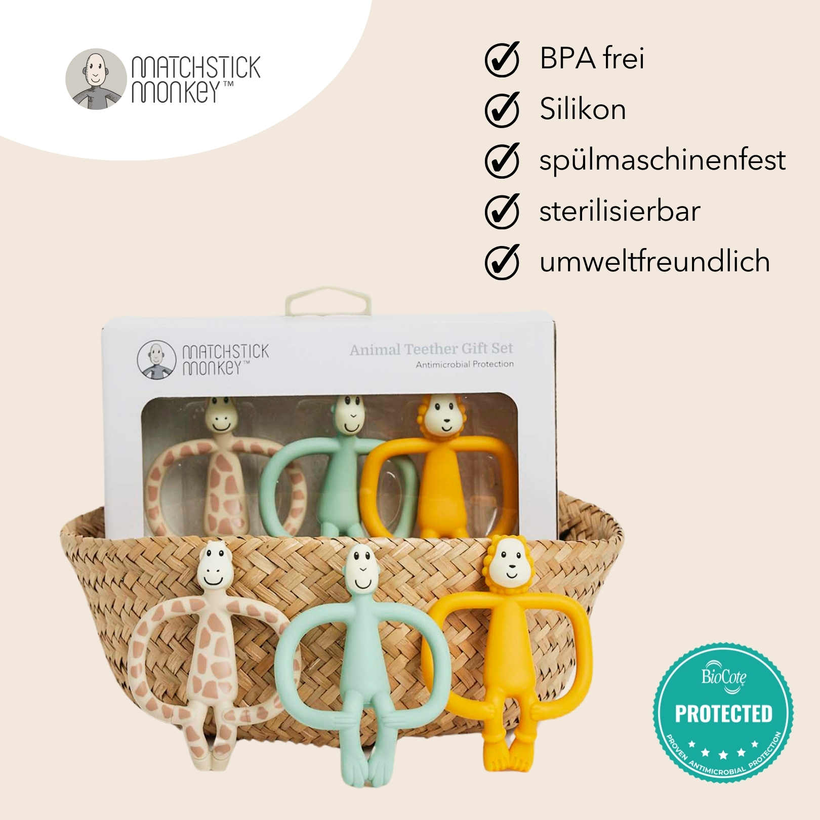 Korb mit verschiedenen Affen-Beißringen. Text: BPA-frei, Silikon, spülmaschinenfest, sterilisierbar, umweltfreundlich.