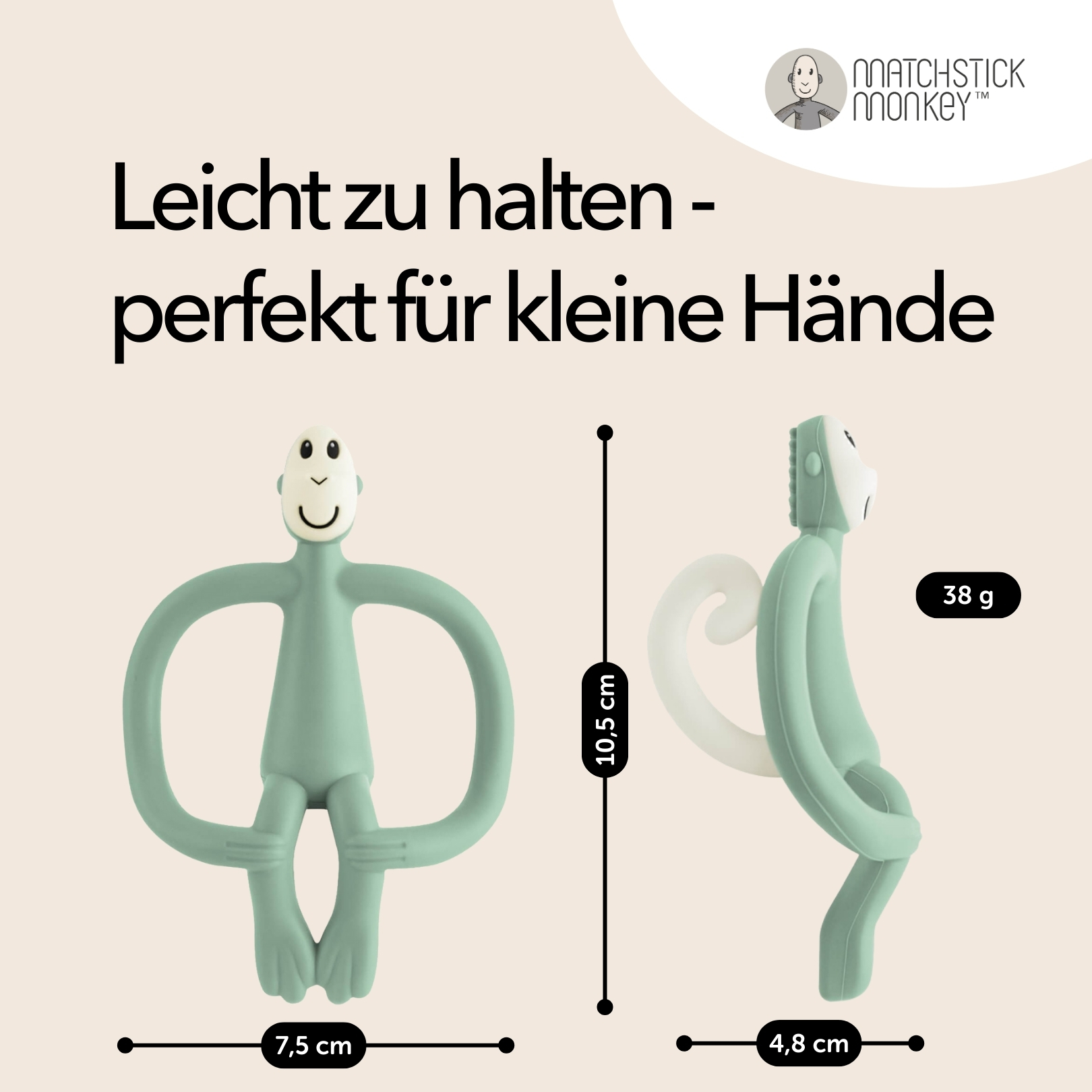 Grünes Affen-Beißspielzeug, Abmessungen werden angezeigt. Text: 'Leicht zu halten - perfekt für kleine Hände'.