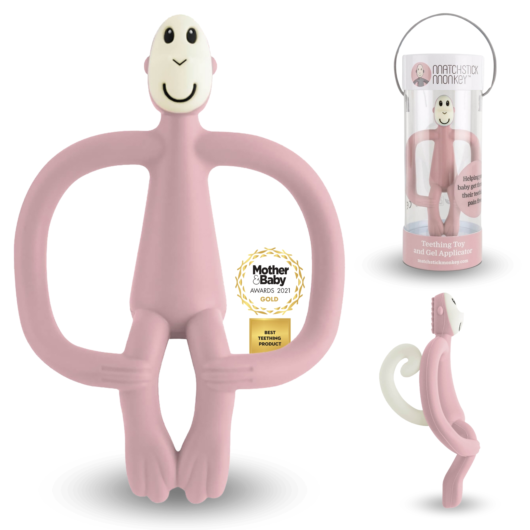 Rosa Affen-Beißring in Verpackung und herausgenommen. Text: Bestes Zahnen-Produkt, Mother&Baby Awards 2021.