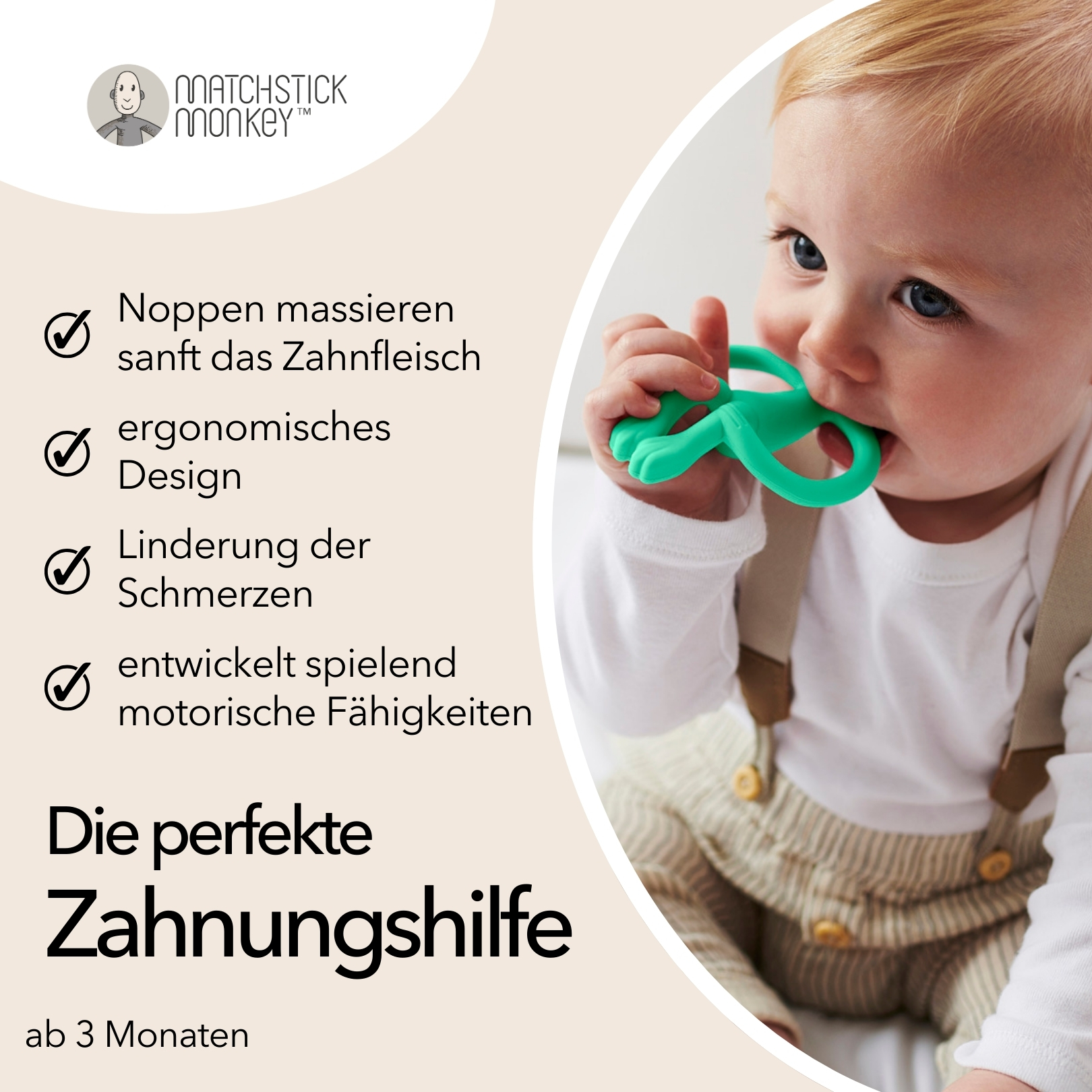 Baby mit grünem Beißring im Mund. Text: Massiert das Zahnfleisch, ergonomisches Design, lindert Schmerzen, entwickelt motorische Fähigkeiten. Perfekter Beißring.