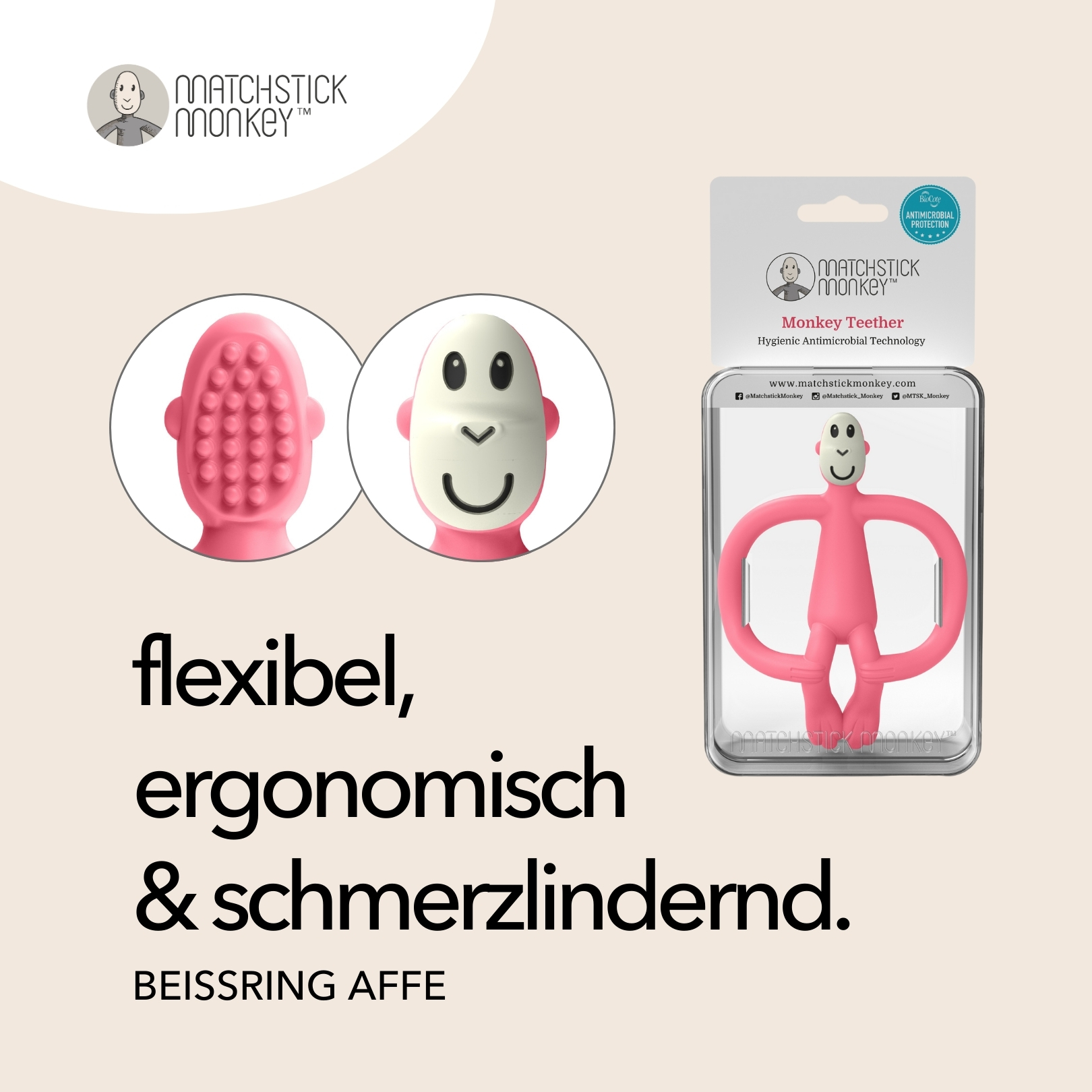 Rosa Affen-Beißspielzeug in Verpackung, mit Text: 'flexibel, ergonomisch & schmerzlindernd'.