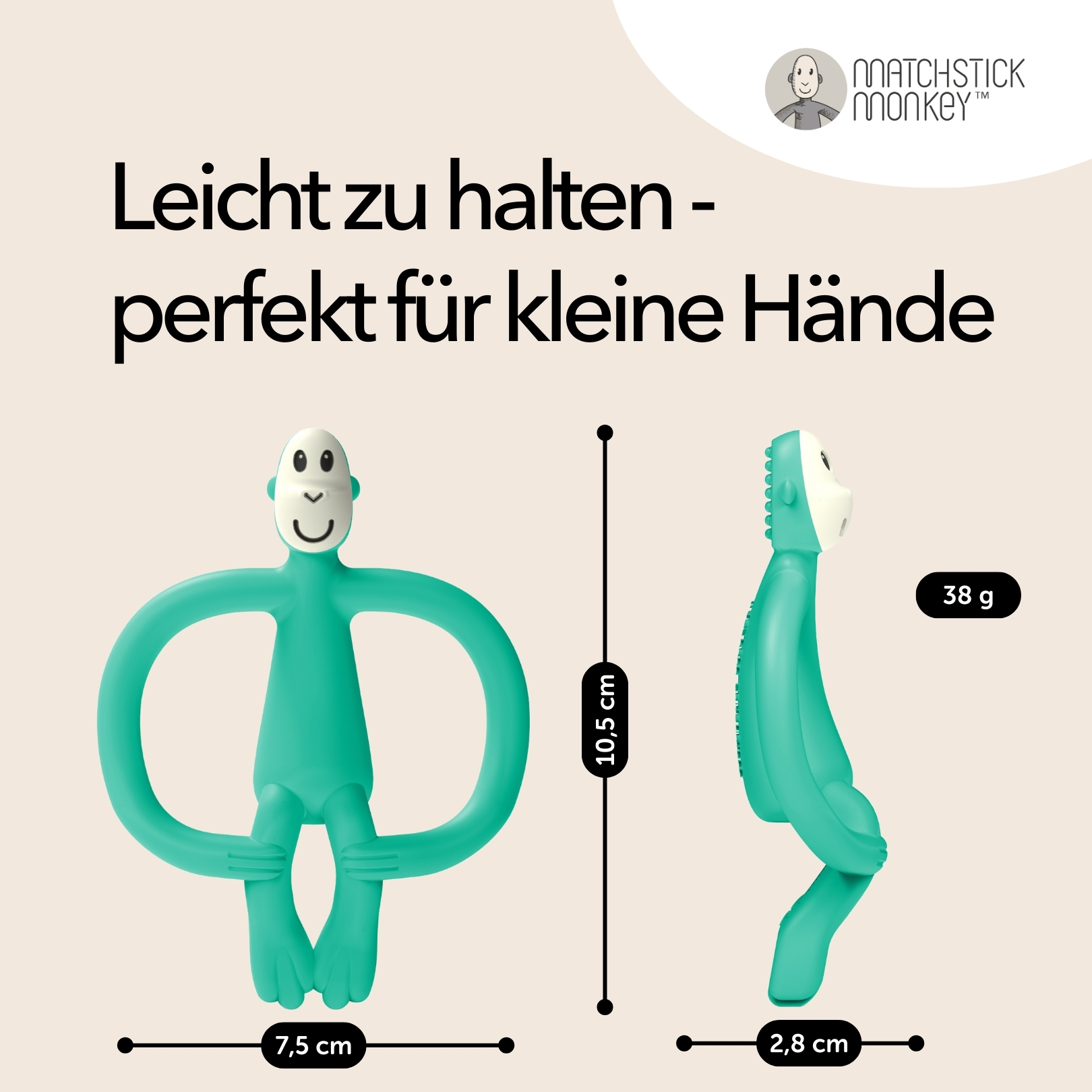 Grünes Affen-Beißspielzeug, Abmessungen werden angezeigt. Text: 'Leicht zu halten - perfekt für kleine Hände'.