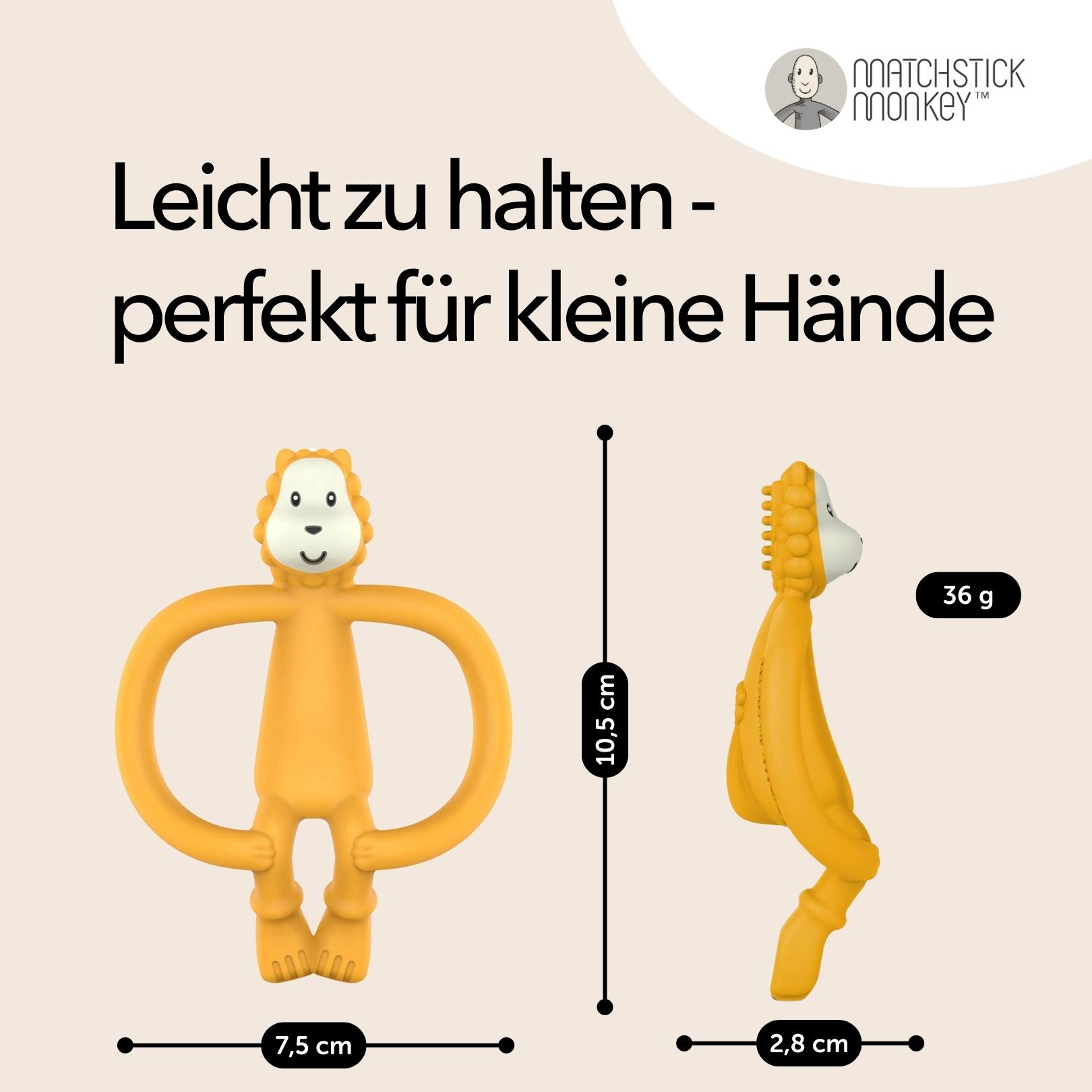 Gelber Affen-Beißring mit Abmessungen. Text: Leicht zu halten - perfekt für kleine Hände.