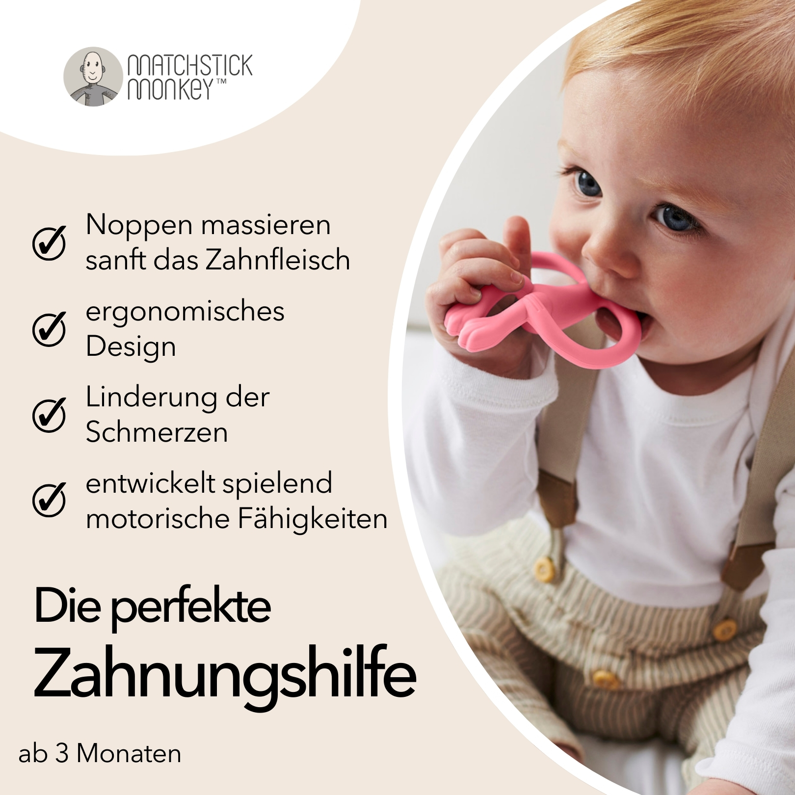 Baby mit rosa Beißring im Mund. Text: Massiert das Zahnfleisch, ergonomisches Design, lindert Schmerzen, entwickelt motorische Fähigkeiten. Perfekter Beißring.