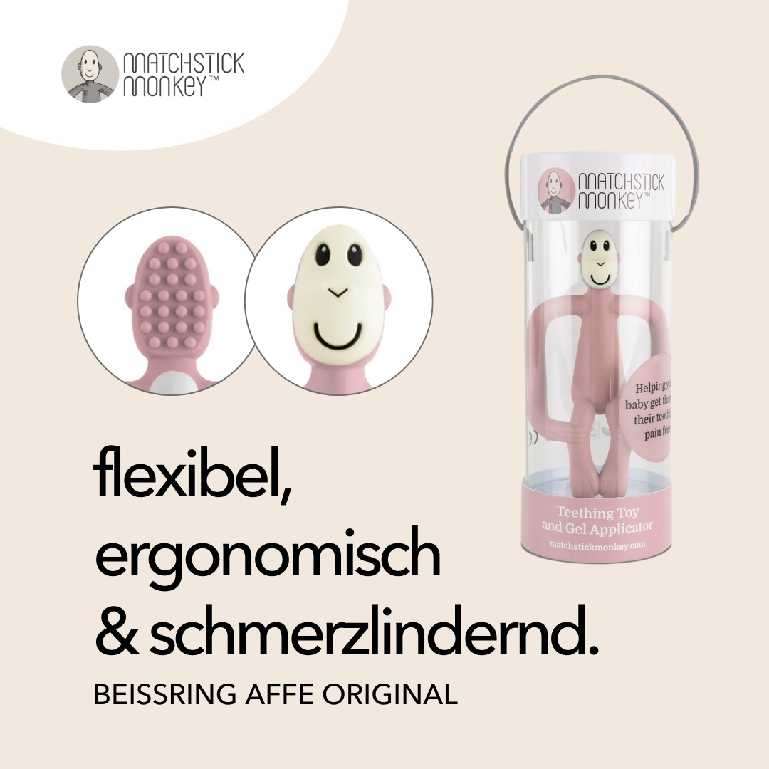 Rosa Affen-Beißspielzeug im Kunststoffbehälter, mit Text: 'flexibel, ergonomisch & schmerzlindernd'.