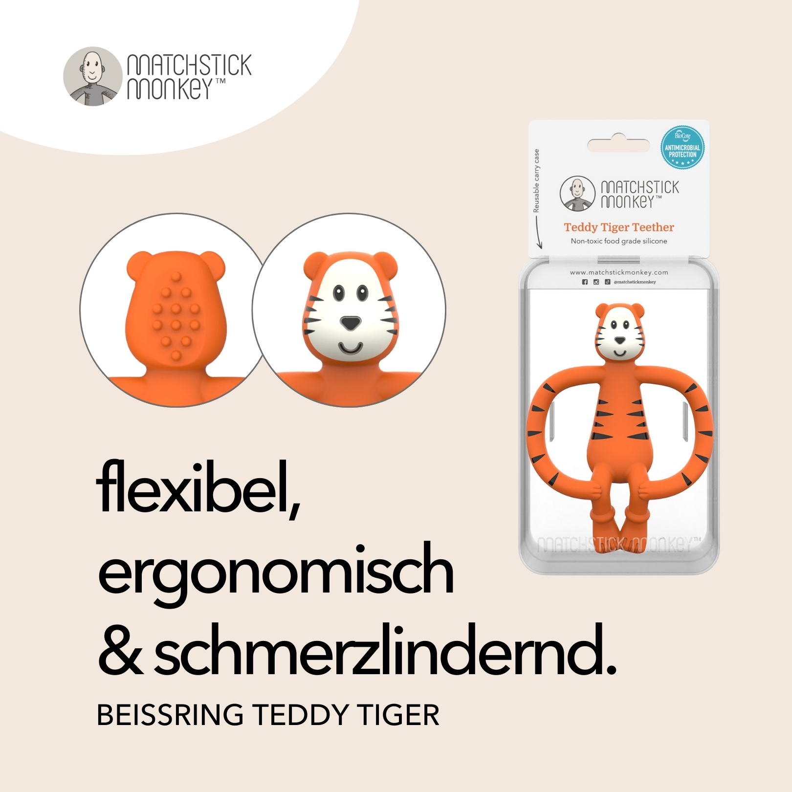 Oranger Tiger-Beißring mit Produktverpackung. Text: flexibel, ergonomisch & schmerzlindernd. Produktname ist Beissring Teddy Tiger.