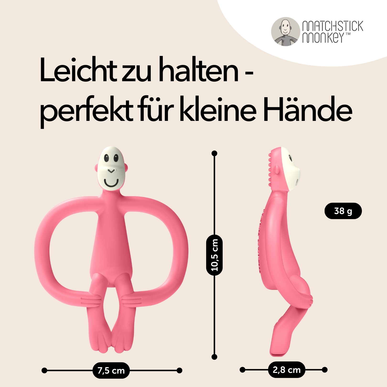 Rosa Affen-Beißspielzeug, Abmessungen werden angezeigt. Text: 'Leicht zu halten - perfekt für kleine Hände'.