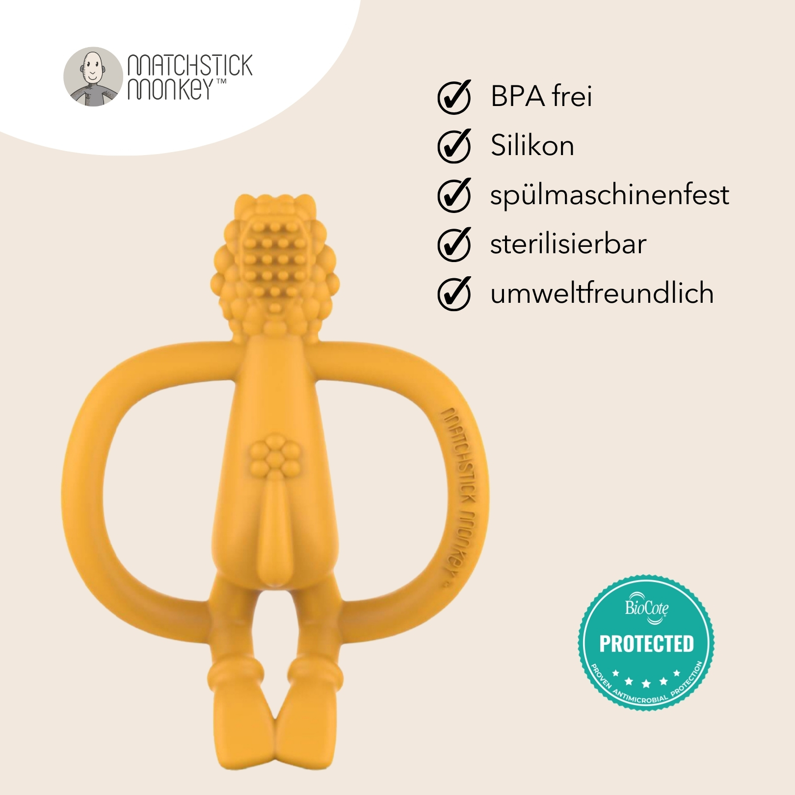 Gelbes, löwenförmiges Beißspielzeug, mit Auszeichnungen und Produkteigenschaften.