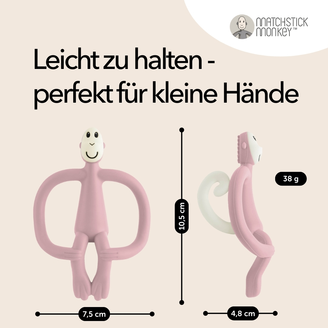 Rosa Affen-Beißring. Maße und Gewicht werden angezeigt, zusammen mit dem Text: Leicht zu halten - perfekt für kleine Hände.