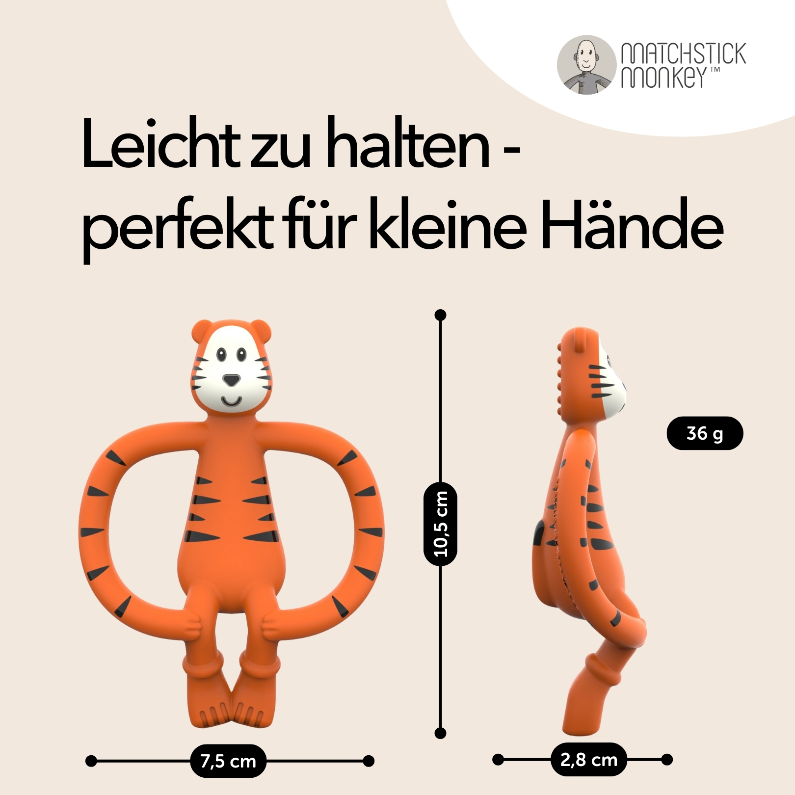Oranges Tiger-Beißspielzeug, Abmessungen werden angezeigt. Text: 'Leicht zu halten - perfekt für kleine Hände'.