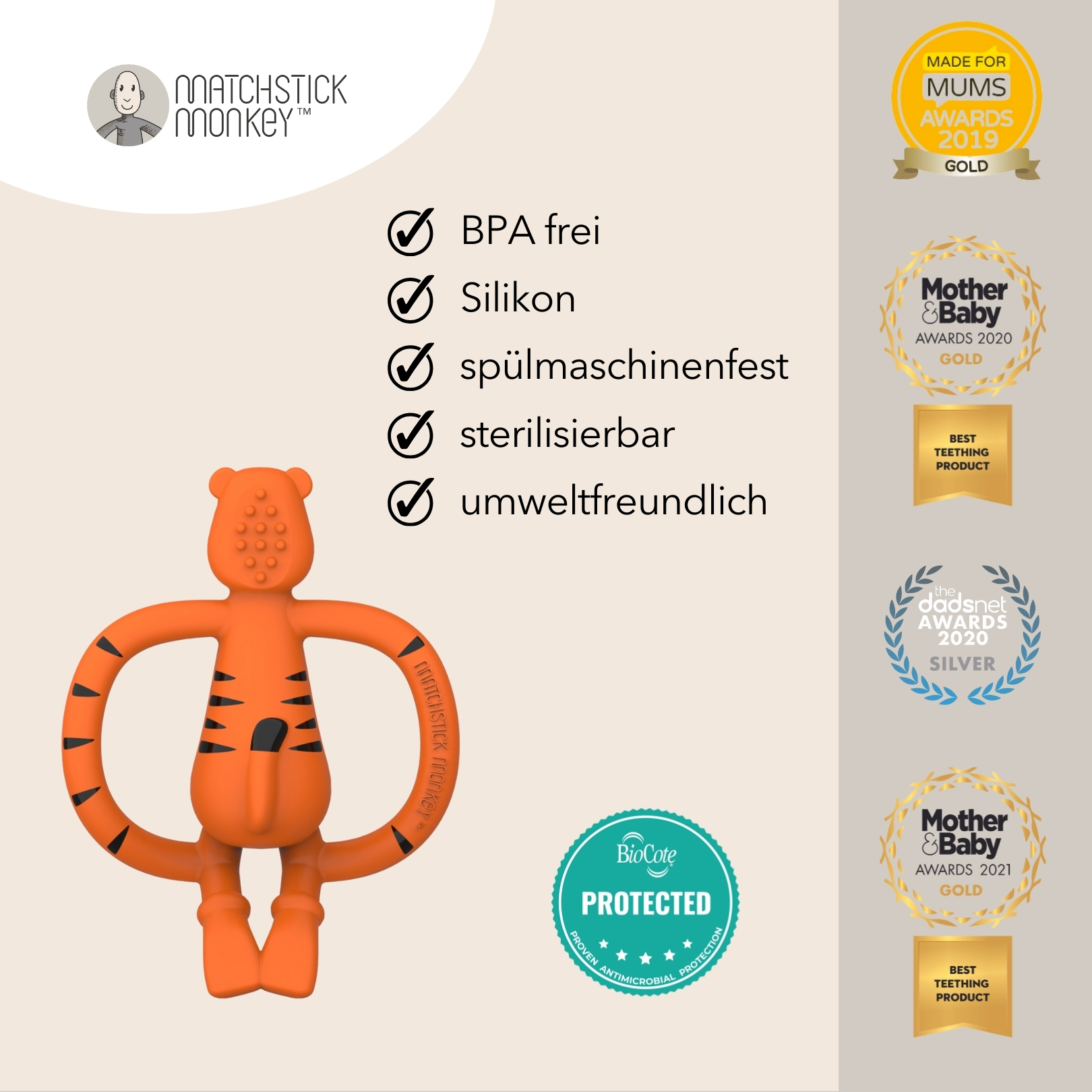 Orangener, tigerförmiger Beißring mit schwarzen Streifen. Text: BPA-frei, Silikon, spülmaschinenfest, sterilisierbar, umweltfreundlich.