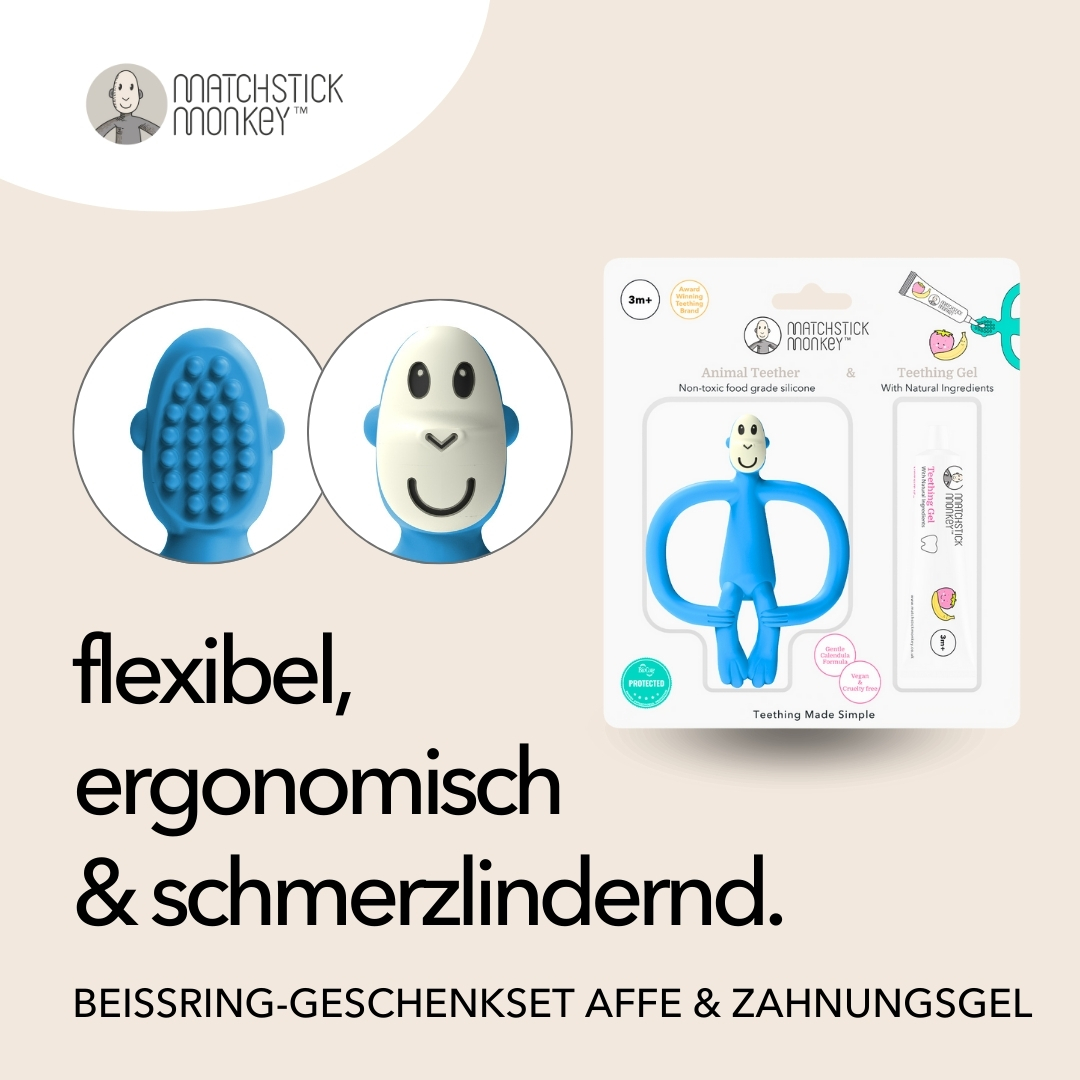 Blauer Affen-Beißring und Zahnungsgel mit Verpackung. Text: flexibel, ergonomisch & schmerzlindernd.