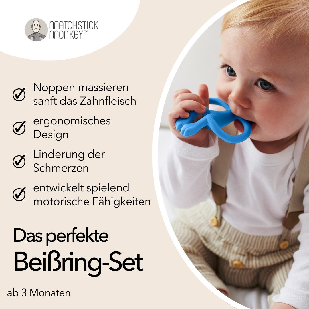 Baby mit blauem Beißring im Mund. Text: Massiert das Zahnfleisch, ergonomisches Design, lindert Schmerzen, entwickelt motorische Fähigkeiten. Perfektes Beißring-Set.