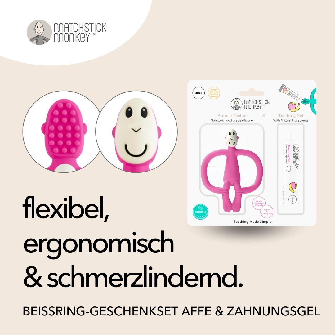 Ein rosa Beißspielzeug und Zahnungsgel mit aufgelisteten Eigenschaften, einschließlich flexibel und ergonomisch.