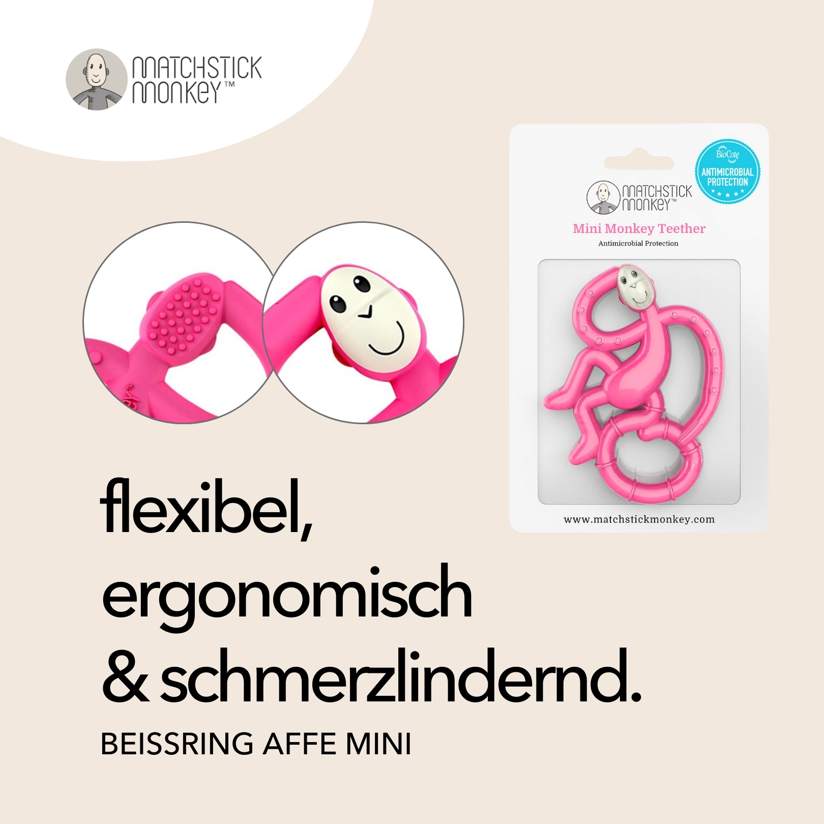 Rosa Mini-Affen-Beißring mit Verpackung. Text: flexibel, ergonomisch & schmerzlindernd.