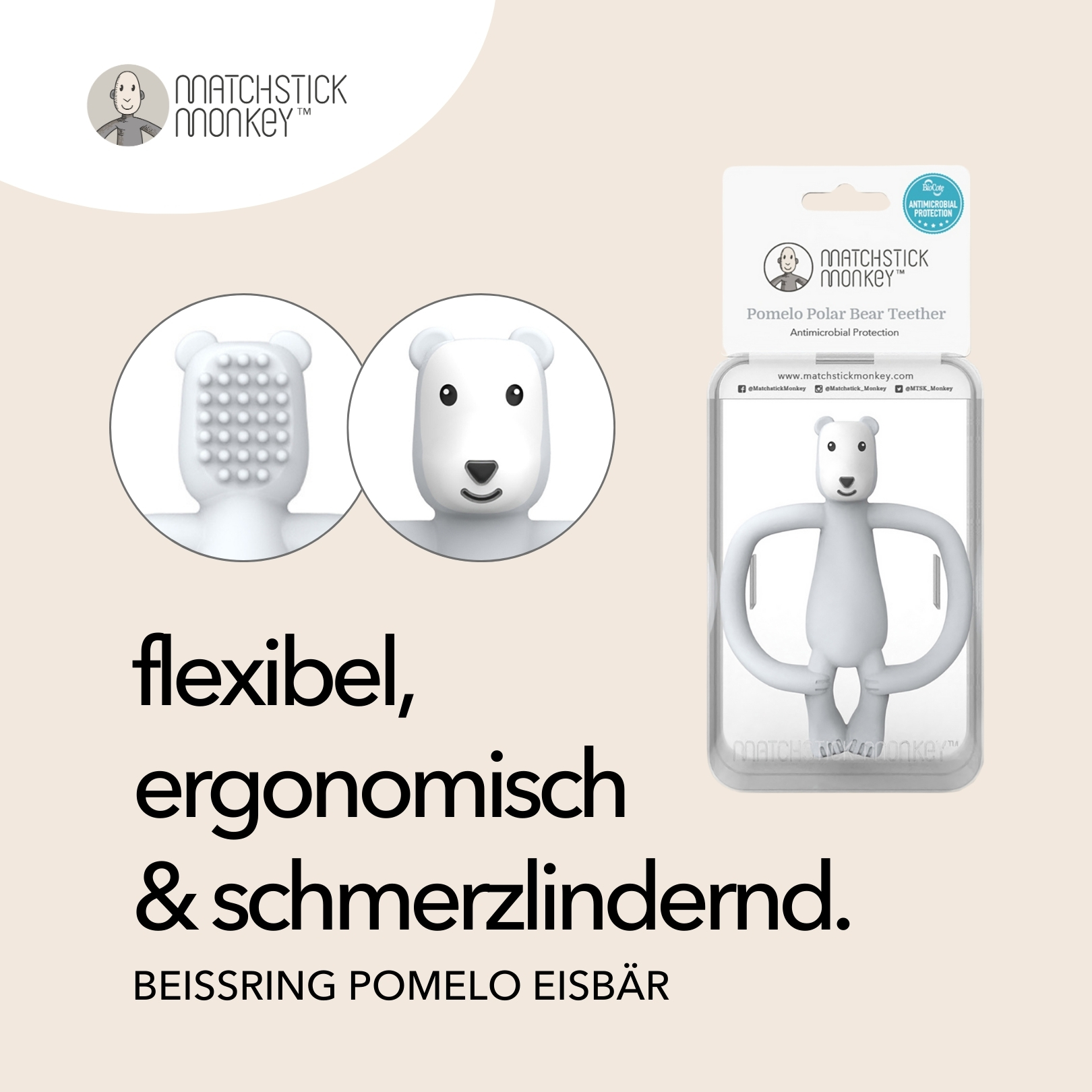 Weißer Eisbär-Beißring in Verpackung. Text: Flexibel, ergonomisch & schmerzlindernd. Name: Pomelo Eisbär.