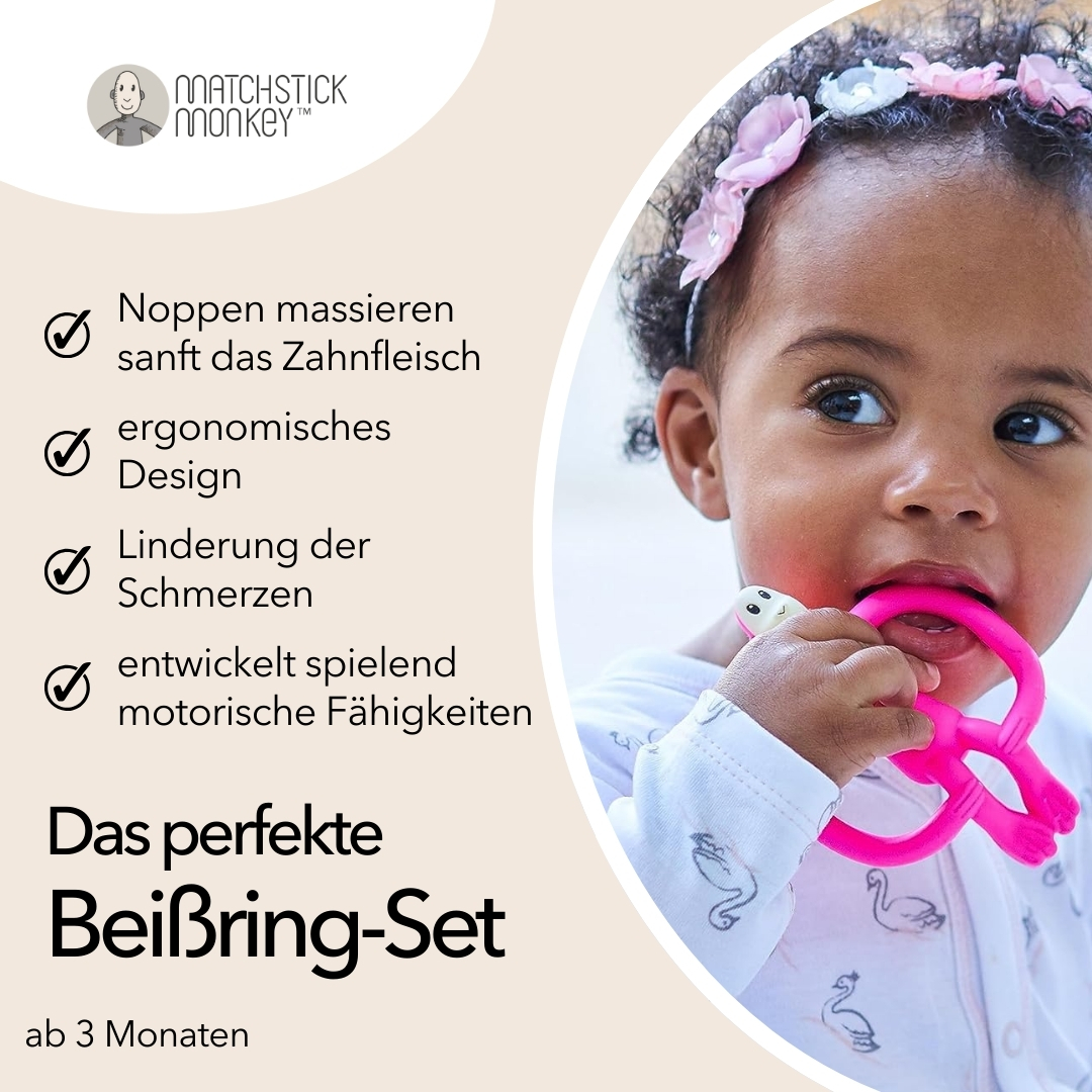 Ein Baby mit einem rosa Beißring im Mund. Text beschreibt Vorteile und Eigenschaften.