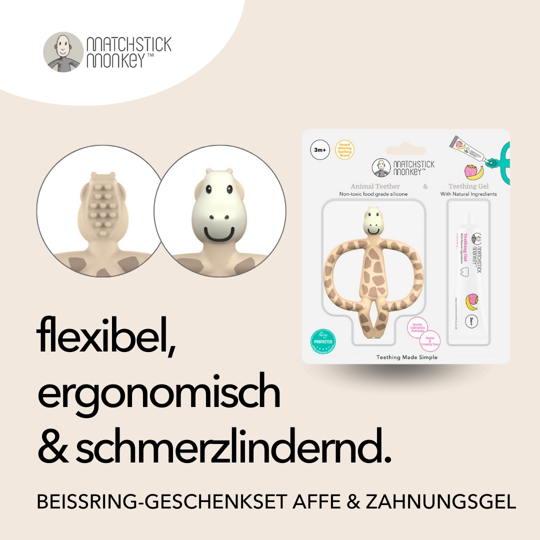 Affen- und Giraffenbeißringe, Gel, Text: flexibel, ergonomisch, & schmerzlindernd. Produktverpackung sichtbar.
