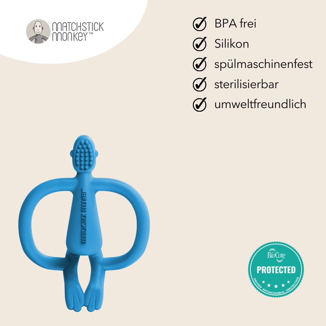 Blauer Affen-Beißring mit Vorteilen: BPA-frei, Silikon, spülmaschinenfest, sterilisierbar und umweltfreundlich.