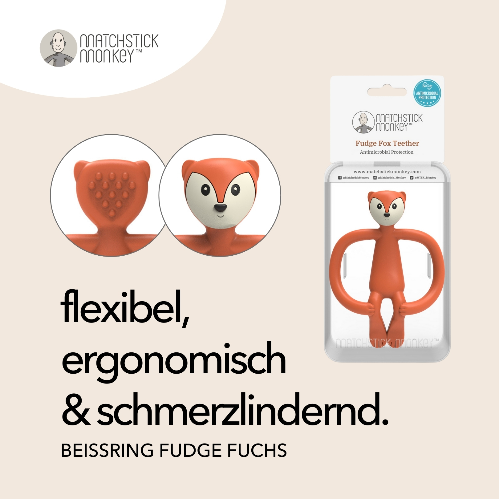 Orangener Fuchs-Beißring mit Text, der Merkmale und Vorteile beschreibt. Der Beißring ist in einer Verpackung.