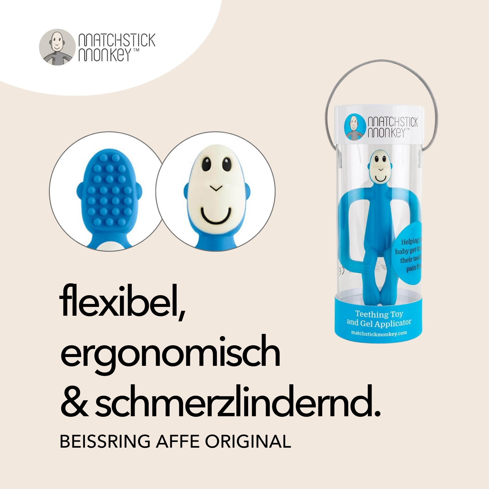 Blauer Affen-Beißring in Verpackung. Text: Flexibel, ergonomisch & schmerzlindernd. Name: Affe Original.