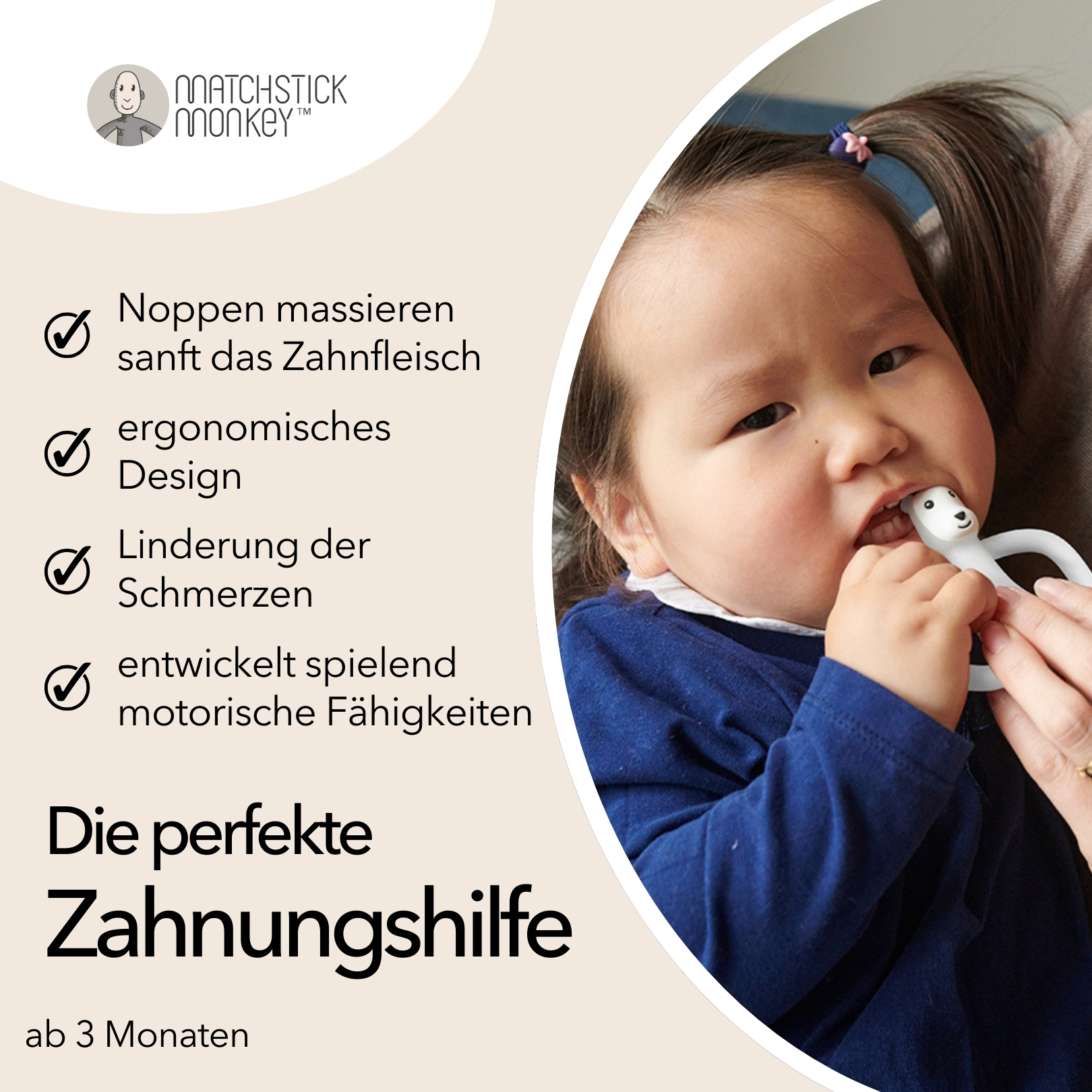 Baby mit weißem Bären-Beißring im Mund. Text: Perfekte Zahnhilfe. Vorteile: Zahnfleischmassage, ergonomisches Design etc.