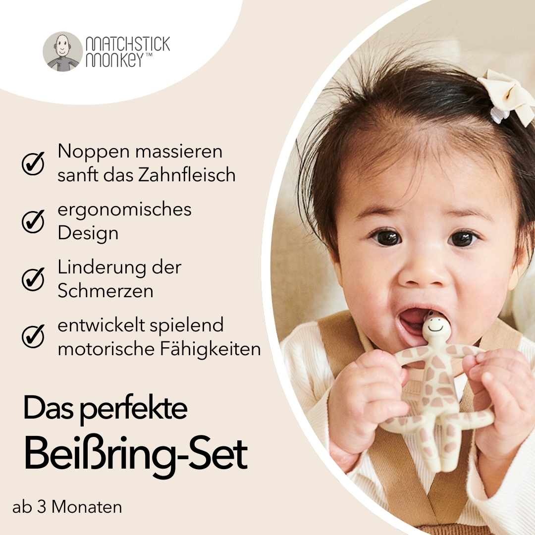 Baby beißt auf einen Giraffen-Beißring. Text: Das perfekte Beißring-Set. Text und Vorteile sind links.